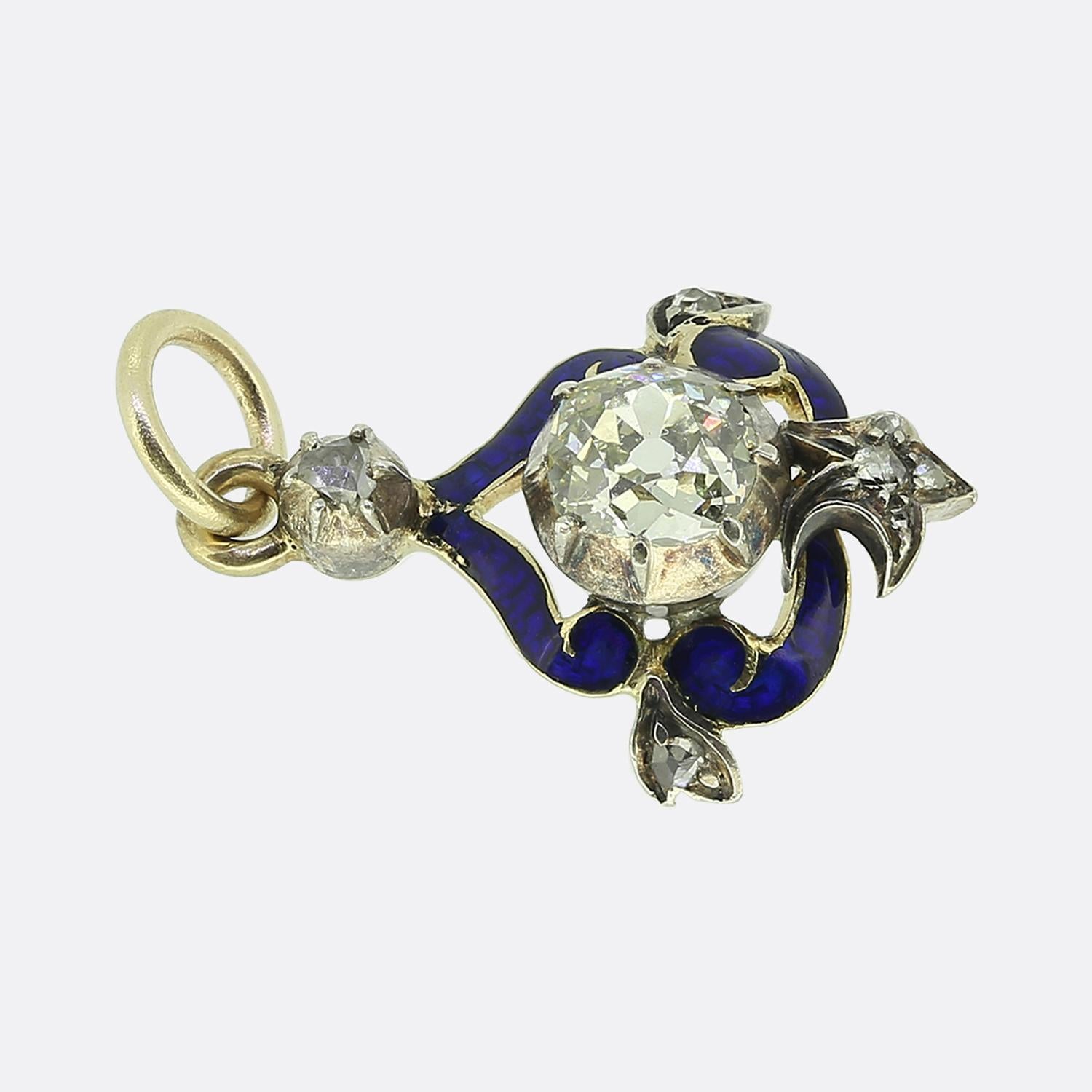 Pendentif diamant taille ancienne en émail bleu Bon état - En vente à London, GB