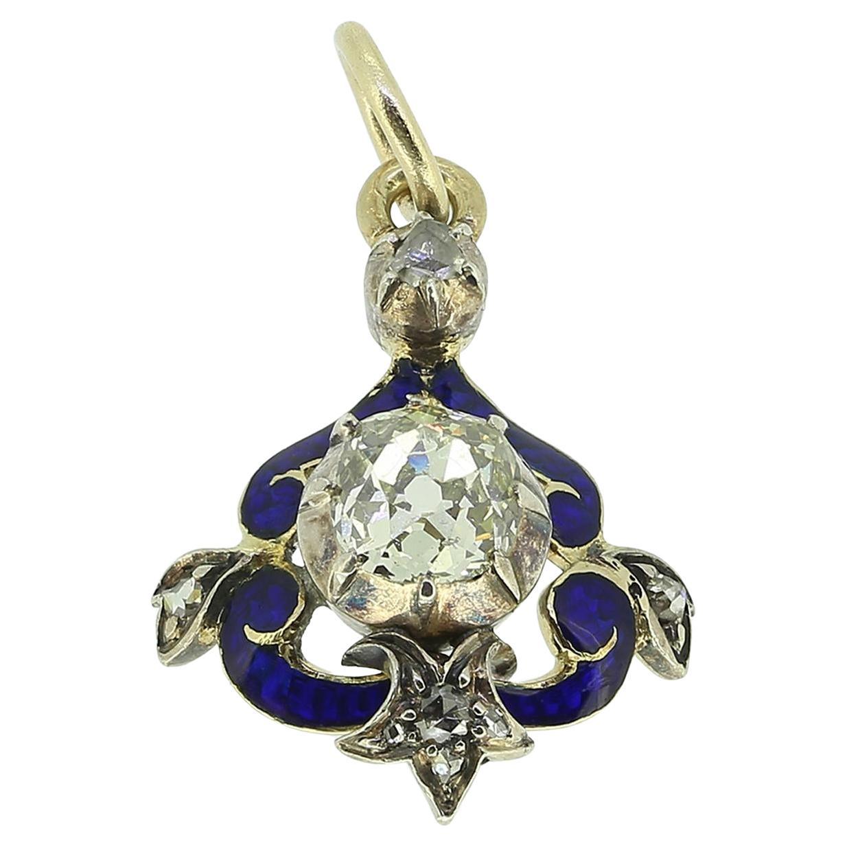 Pendentif diamant taille ancienne en émail bleu