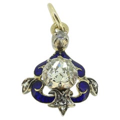 Pendentif diamant taille ancienne en émail bleu