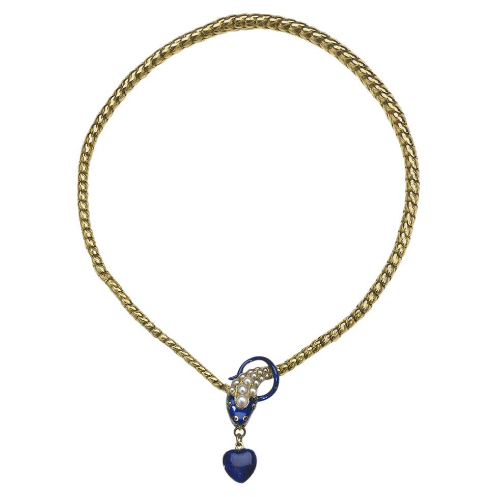 Antique Blue Enamel Pearl and Gold Snake Necklace with Heart Locket, circa 1850