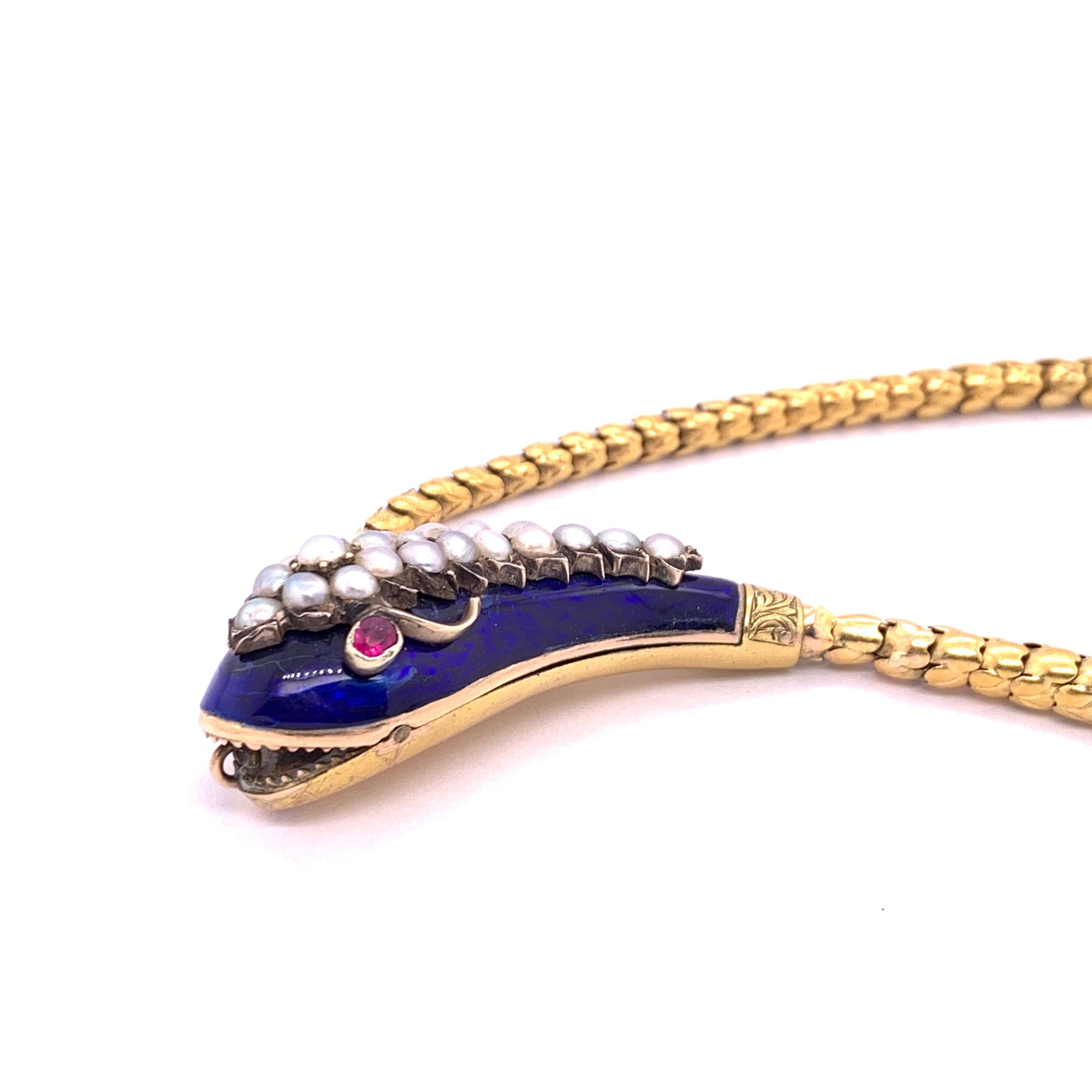 Victorian Antique Blue Enamel Snake Necklace