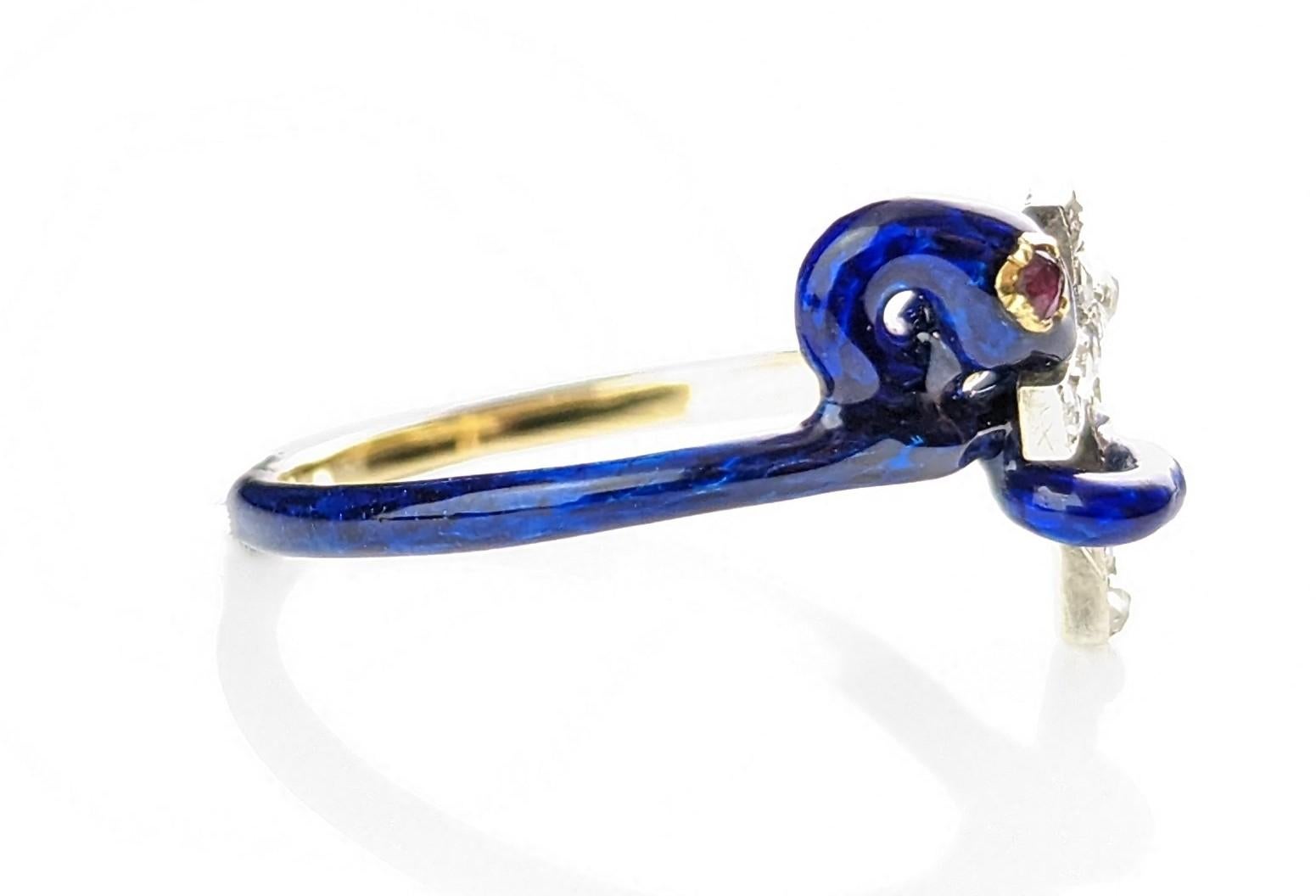 Antique Blue Enamel Snake Ring, Diamond Cross, Ruby, 14k Gold, Russian  For Sale 7