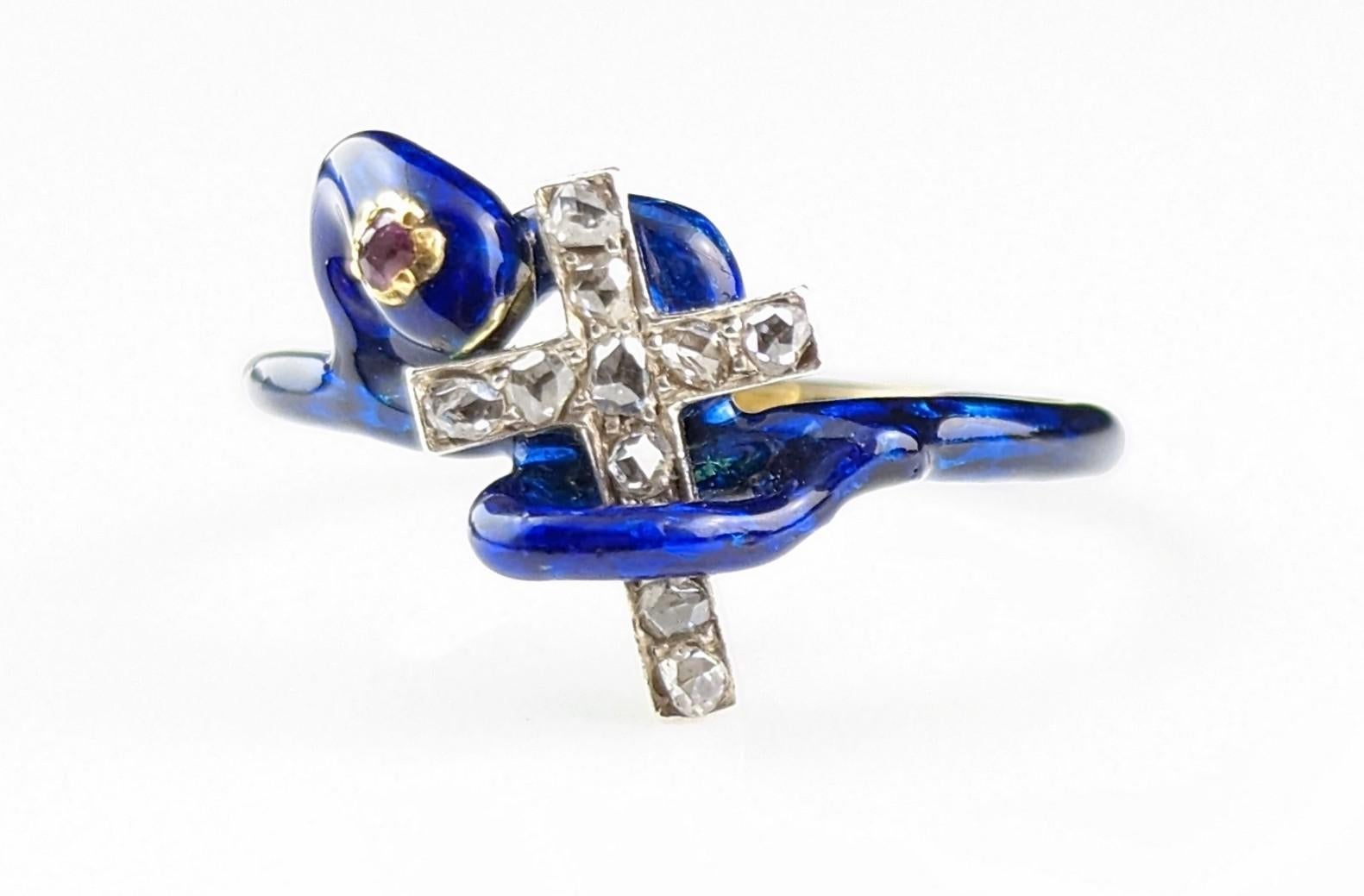 Bague russe ancienne en forme de serpent en émail bleu, croix en diamants et rubis, or 14 carats  en vente 6