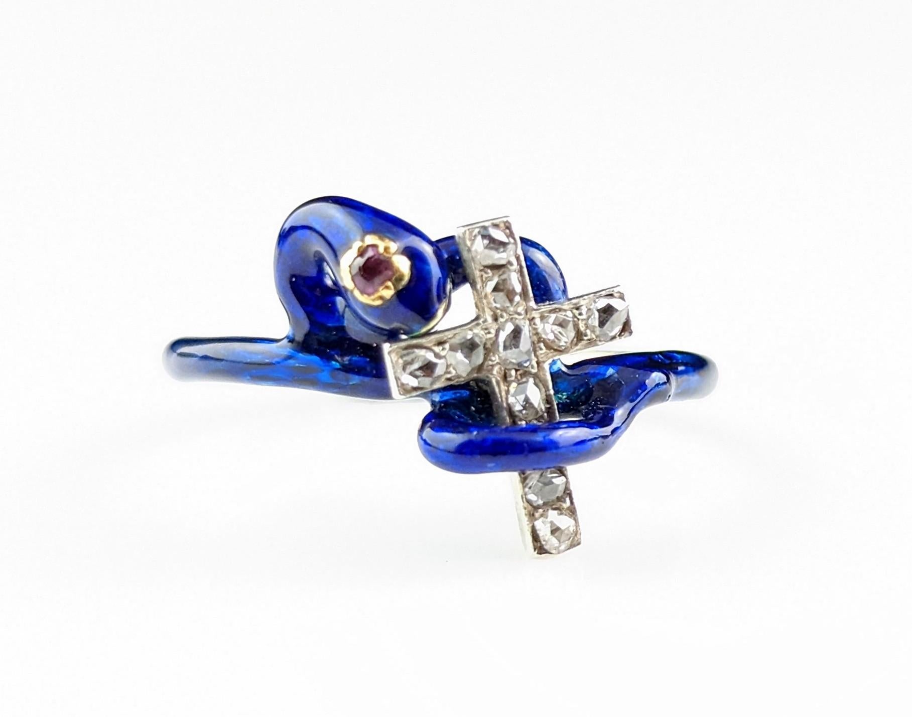 Anillo antiguo de serpiente de esmalte azul, cruz de diamantes, rubí, oro de 14k, ruso 7