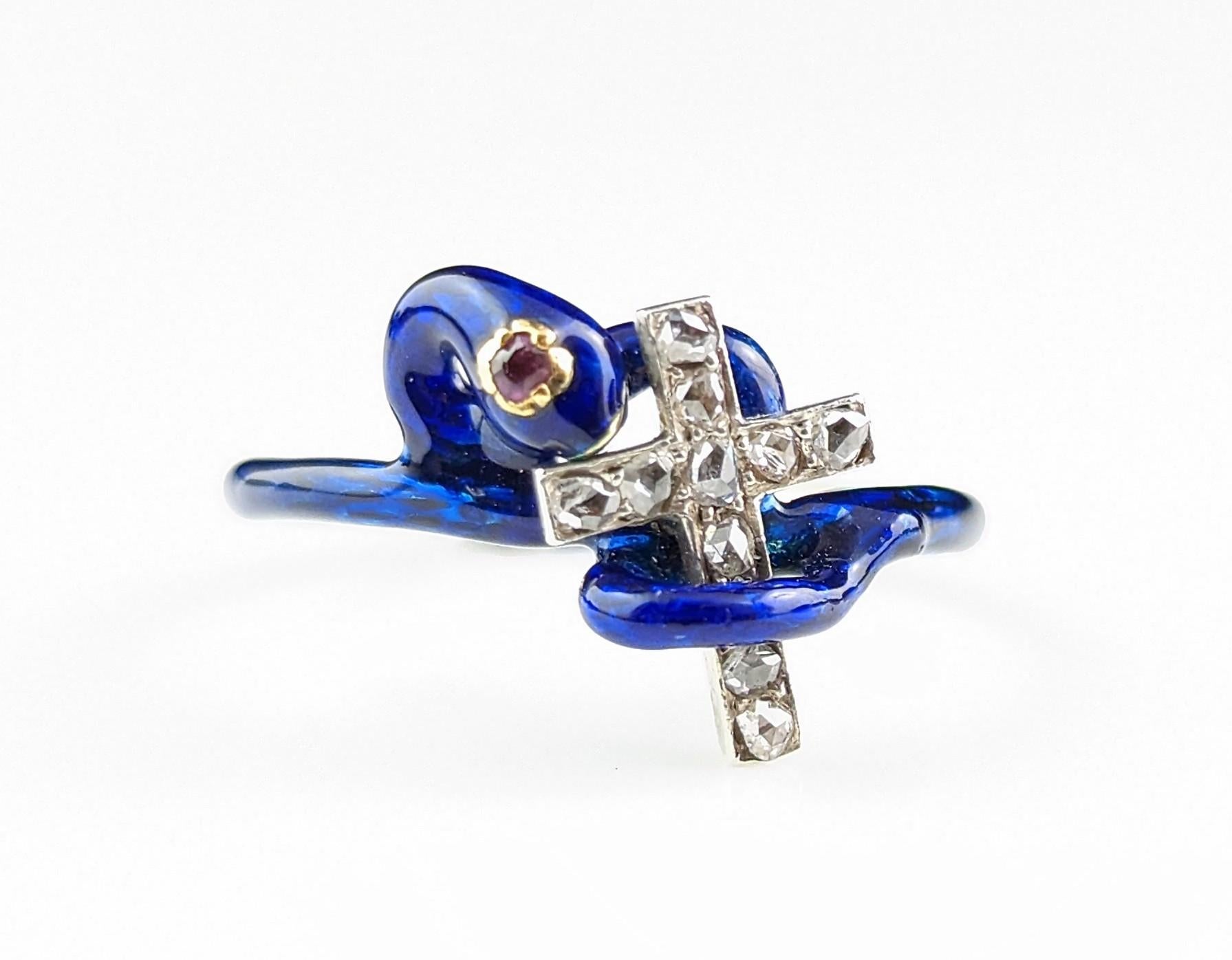 Bague russe ancienne en forme de serpent en émail bleu, croix en diamants et rubis, or 14 carats  en vente 9