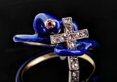 Antique Blue Enamel Snake Ring, Diamond Cross, Ruby, 14k Gold, Russian