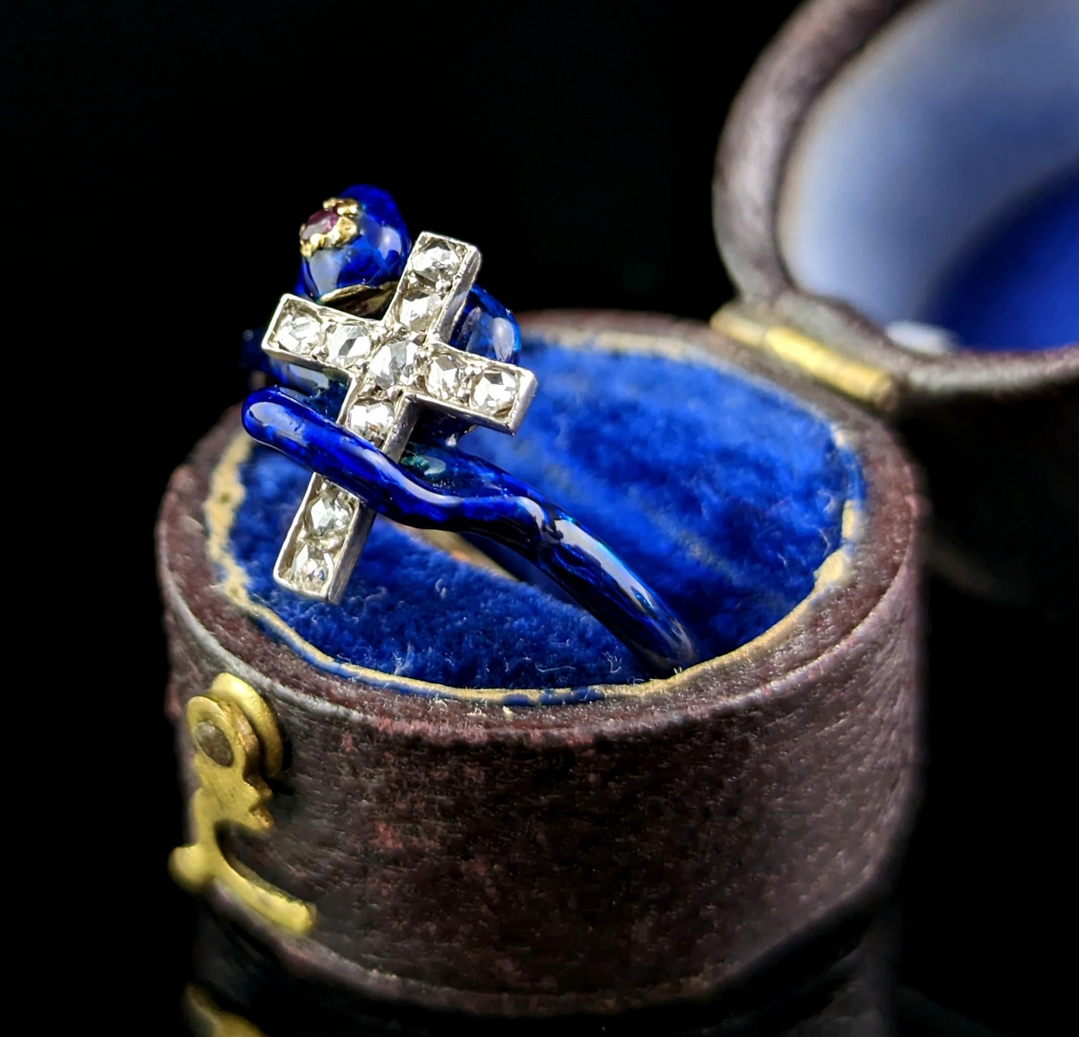 Art Nouveau Antique Blue Enamel Snake Ring, Diamond Cross, Ruby, 14k Gold, Russian  For Sale
