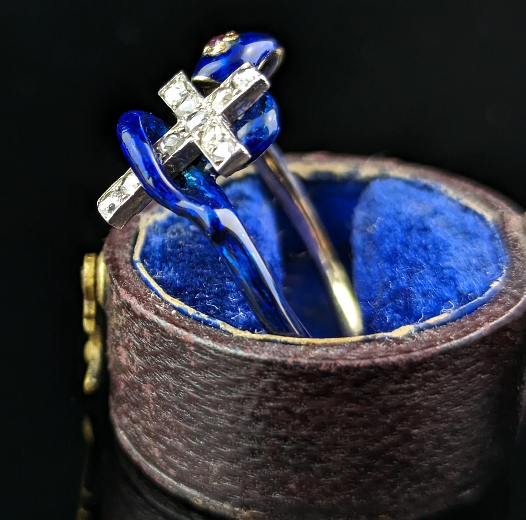Rose Cut Antique Blue Enamel Snake Ring, Diamond Cross, Ruby, 14k Gold, Russian  For Sale