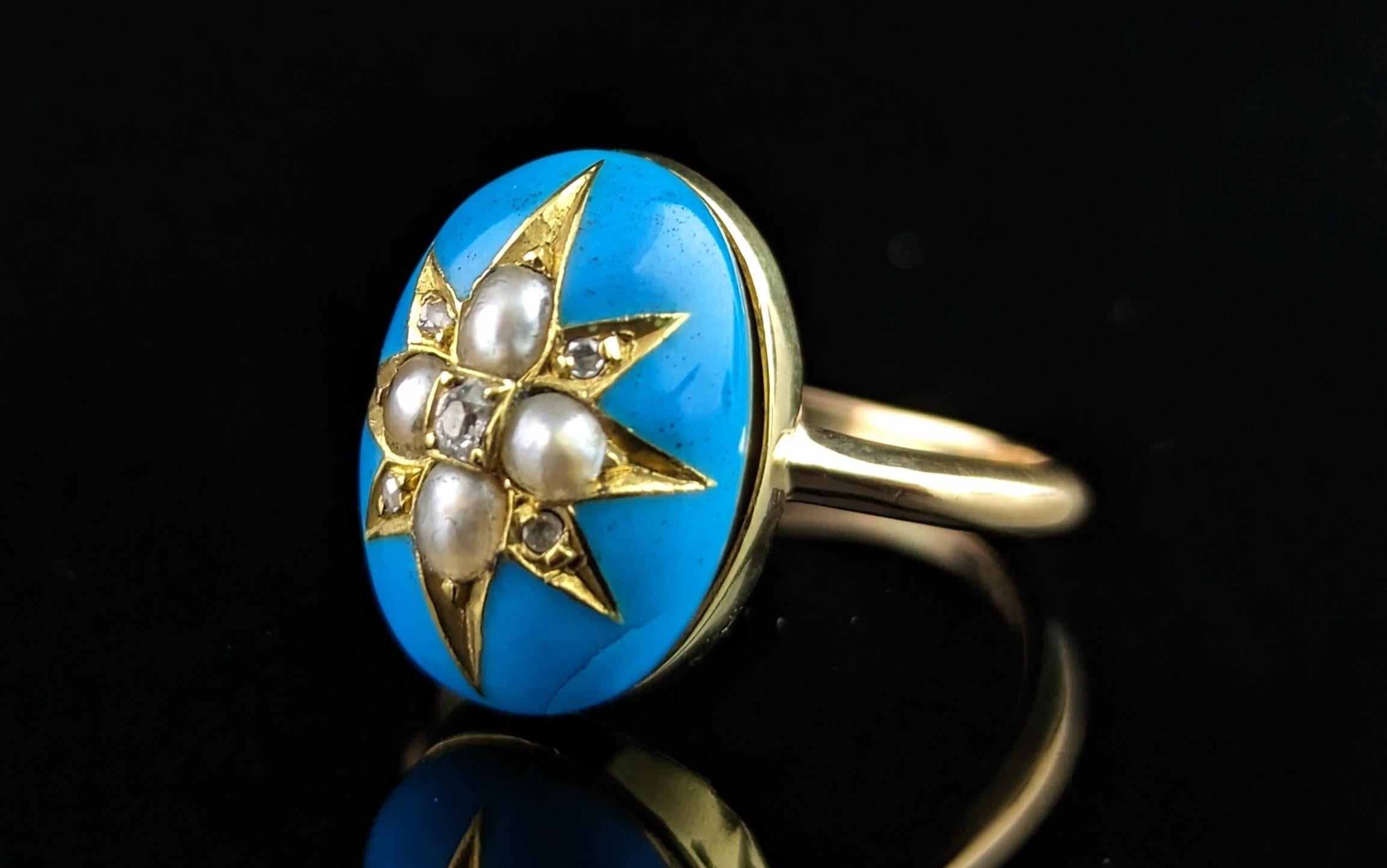 Antique blue enamel star ring, Diamond and pearl, 18k gold  For Sale 1