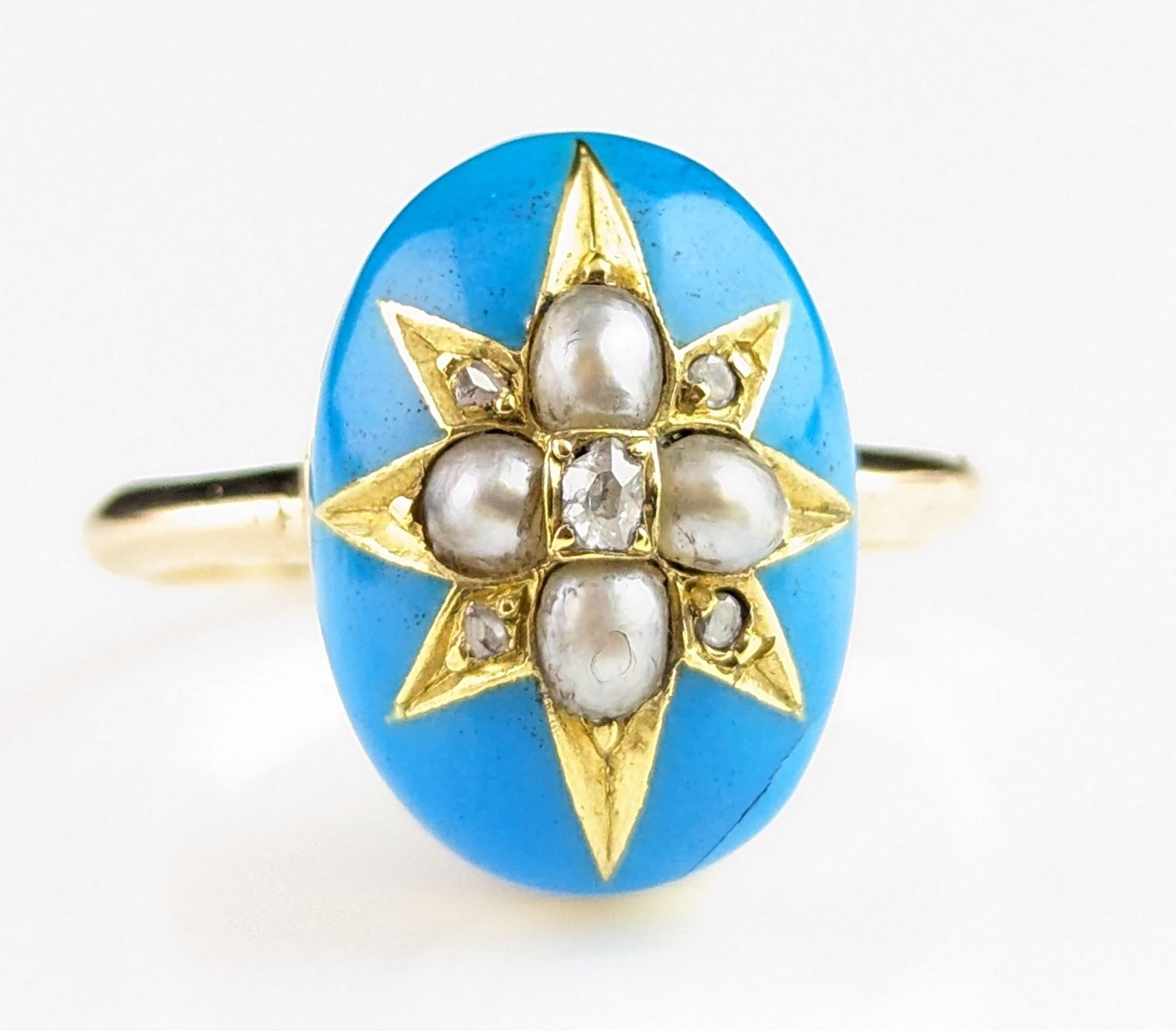Bague étoile ancienne en émail bleu, diamant et perle, or 18 carats  en vente 5
