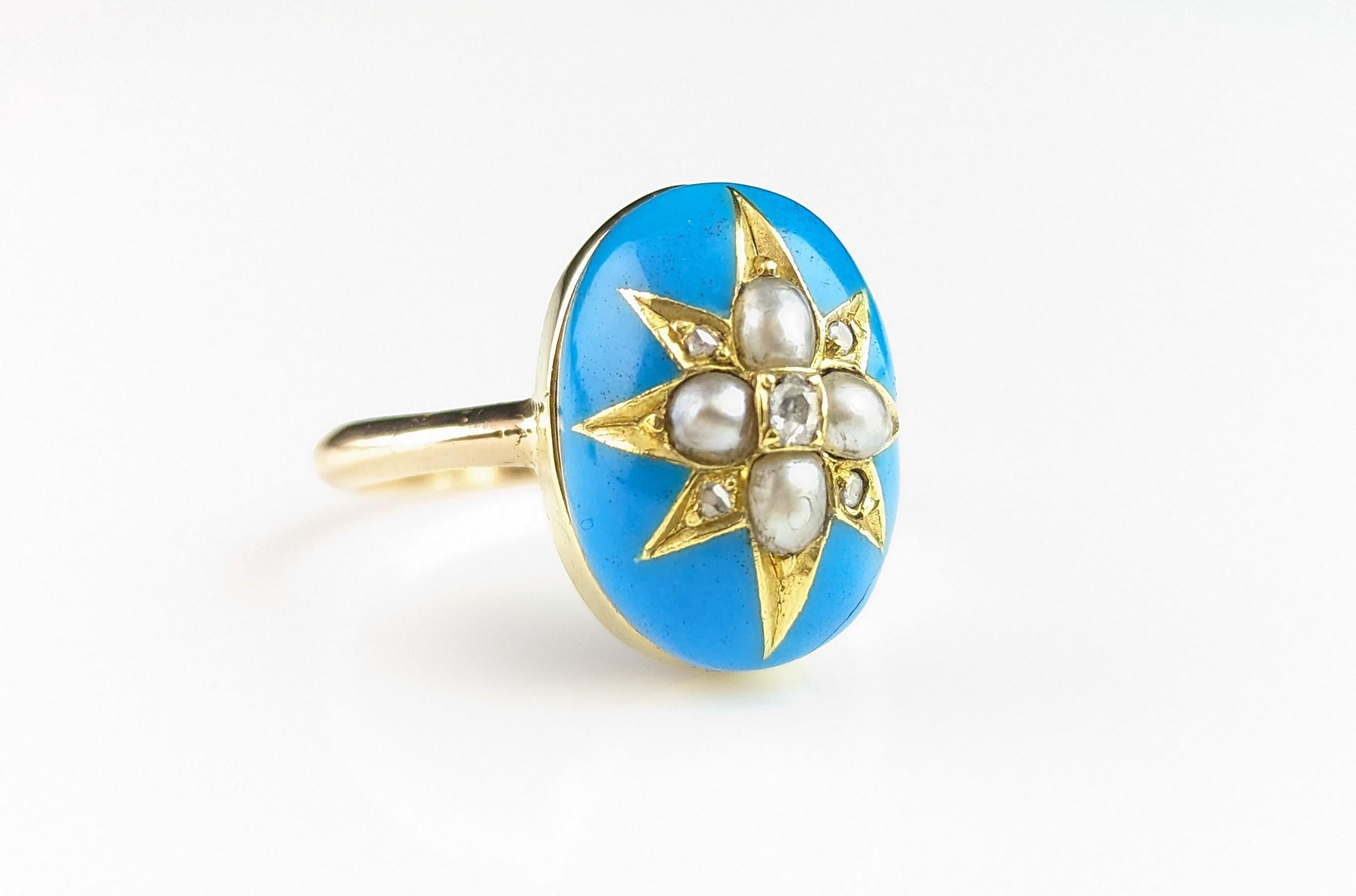 Bague étoile ancienne en émail bleu, diamant et perle, or 18 carats  en vente 6
