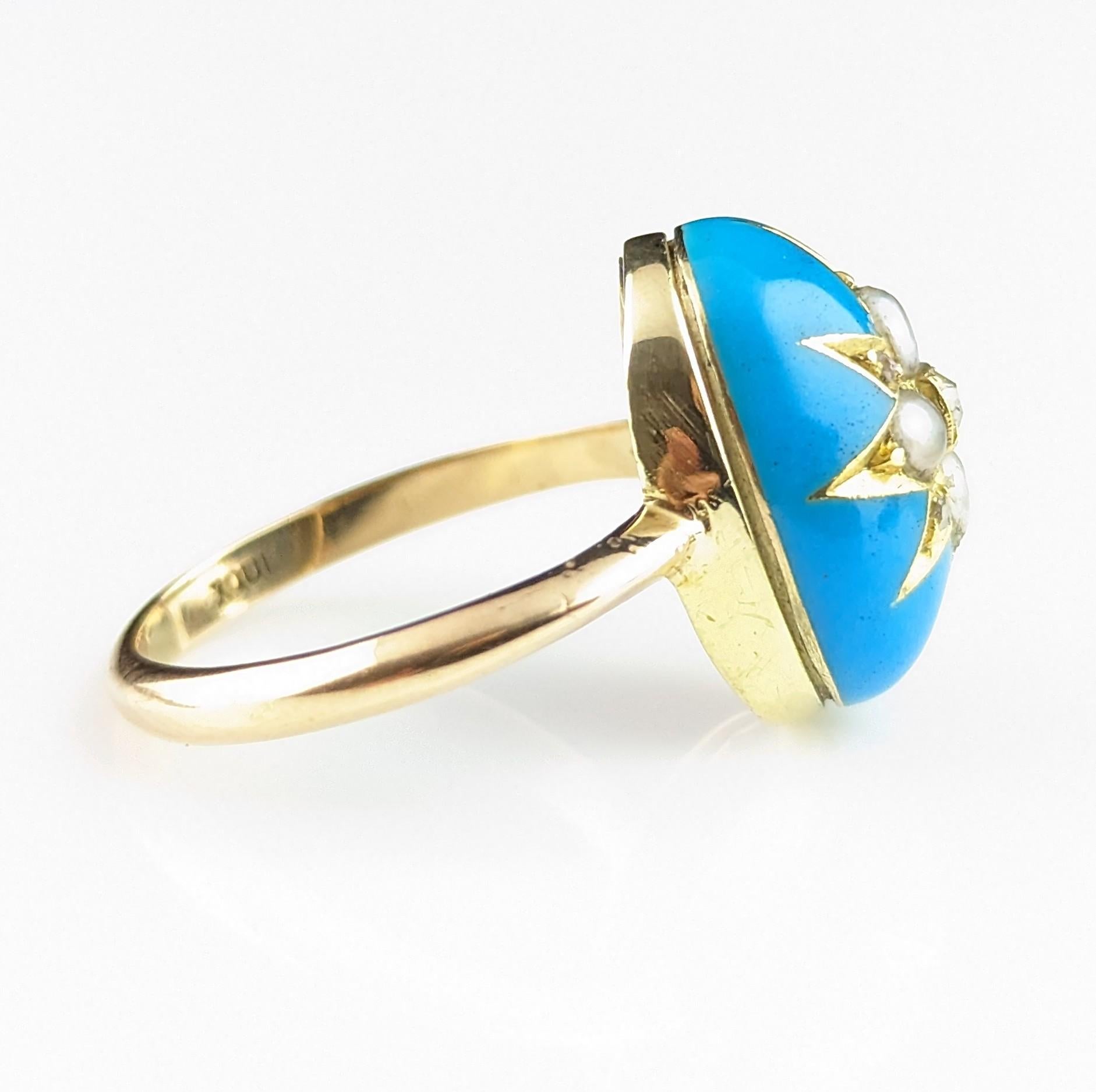 Bague étoile ancienne en émail bleu, diamant et perle, or 18 carats  en vente 8