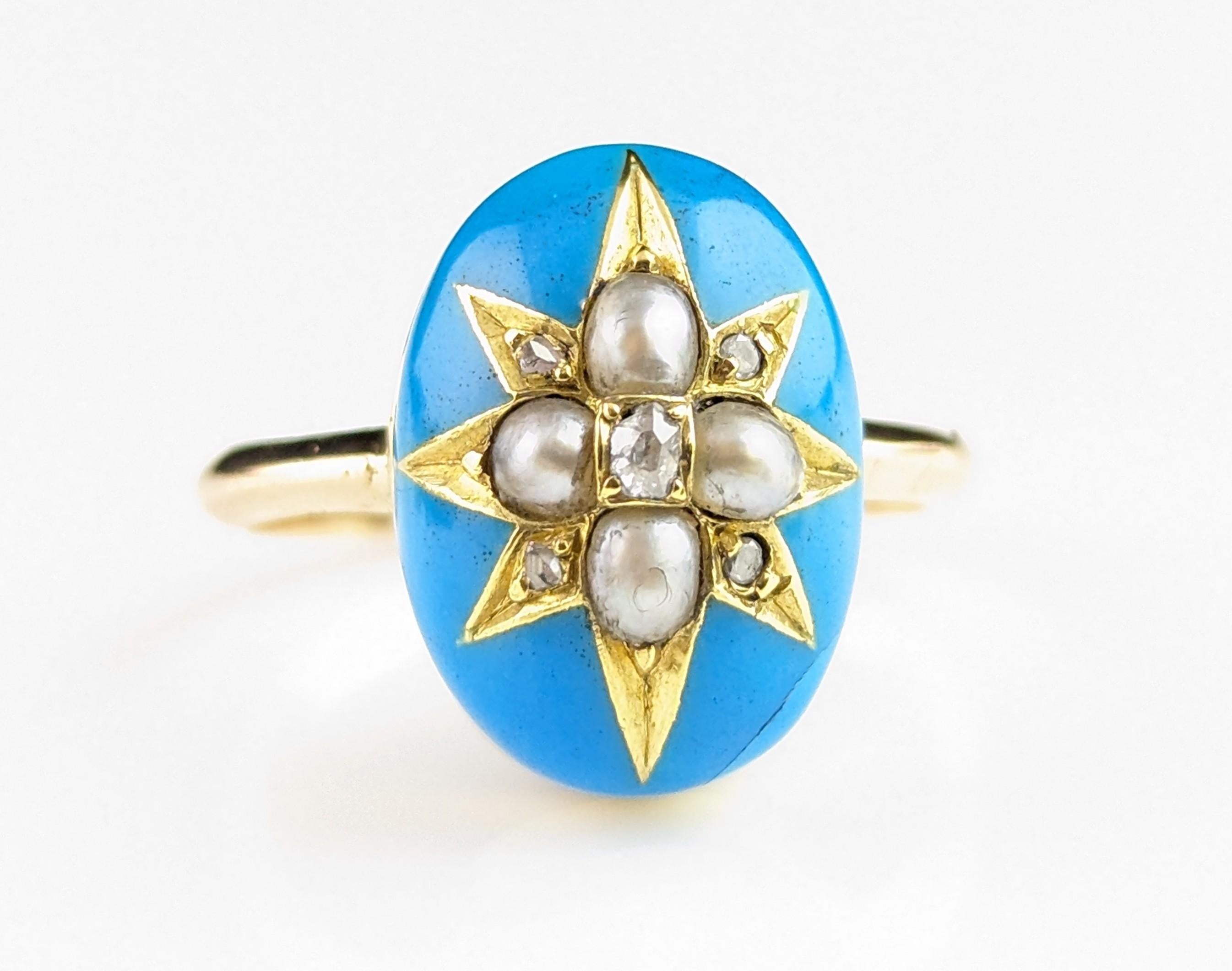 Antique blue enamel star ring, Diamond and pearl, 18k gold  For Sale 6