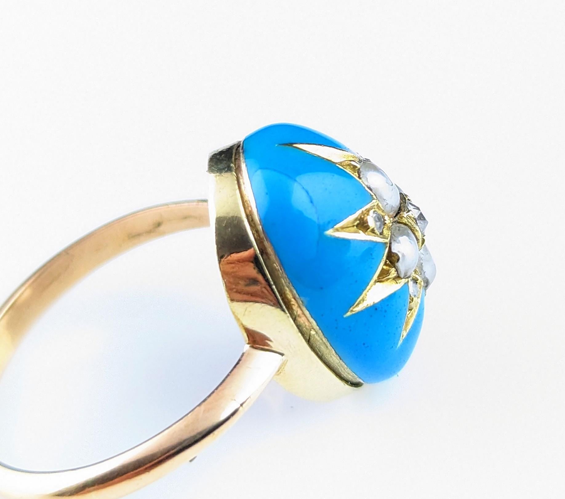 Bague étoile ancienne en émail bleu, diamant et perle, or 18 carats  en vente 10