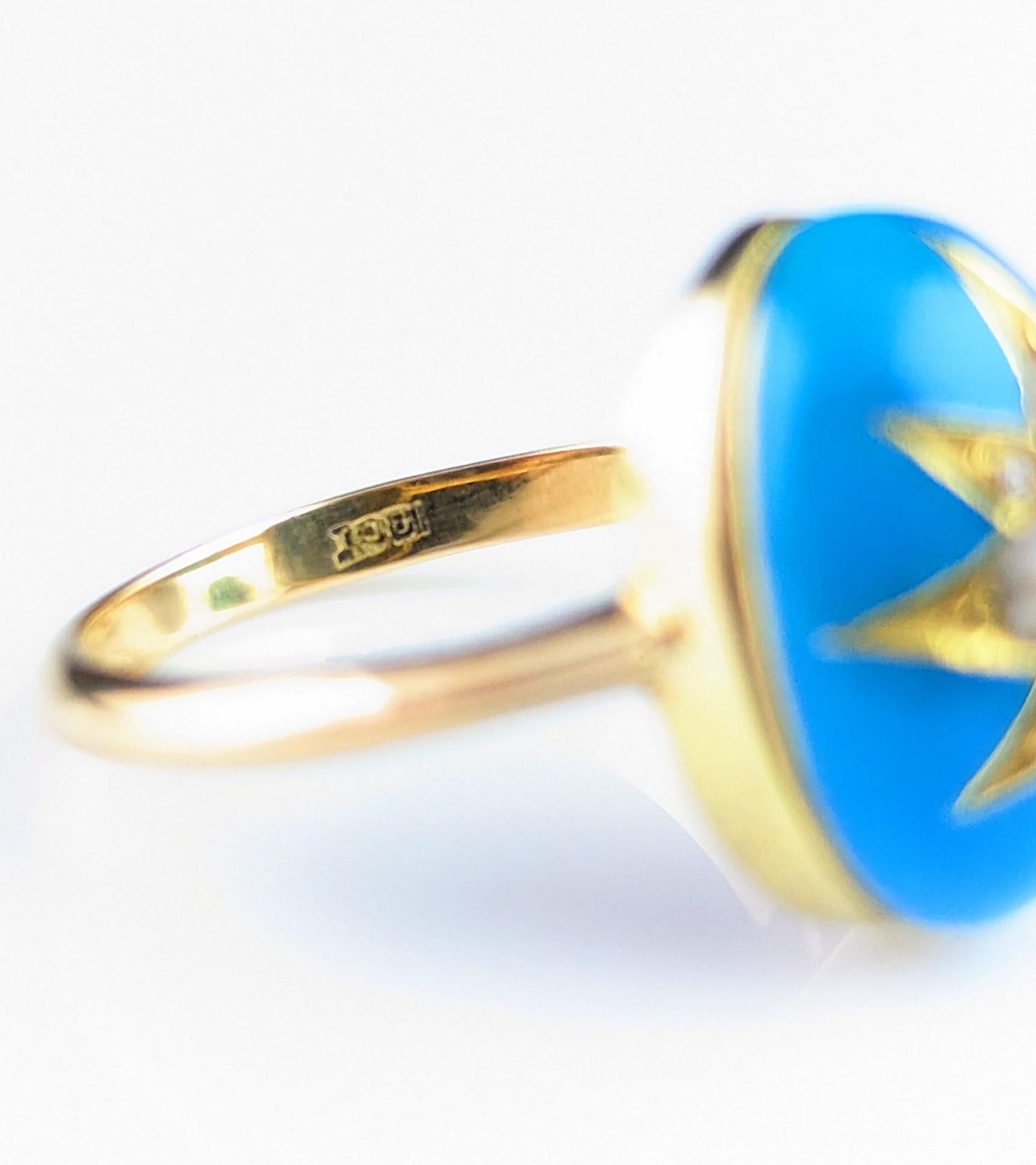 Bague étoile ancienne en émail bleu, diamant et perle, or 18 carats  en vente 11
