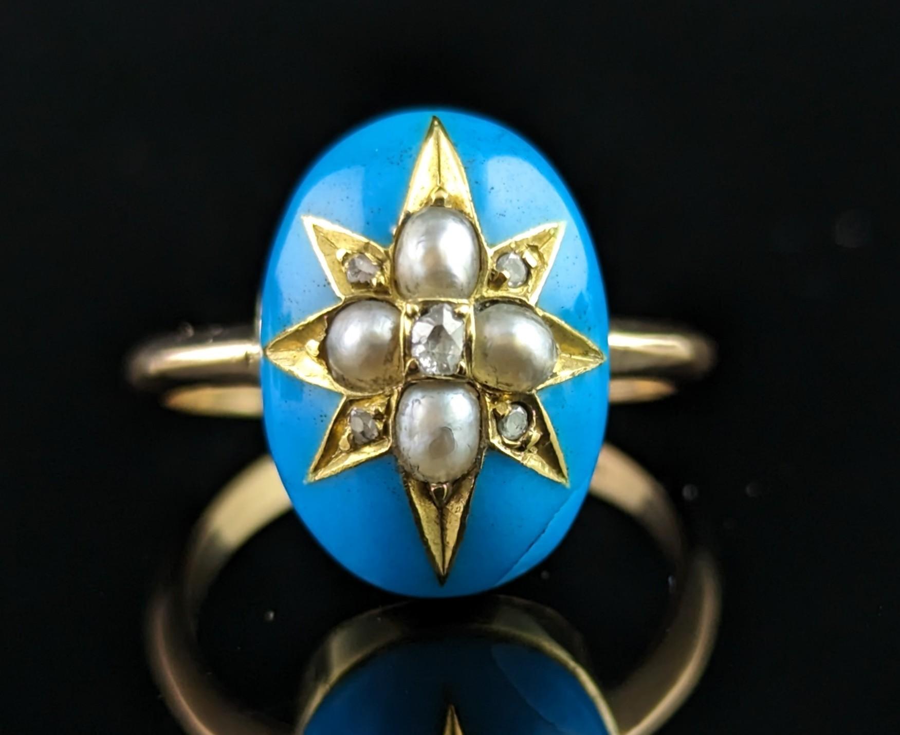 You cannot help but be enchanted by this exquisite antique Victorian star ring.

Crafted in rich 18ct gold it features a stunning duck egg blue enamel cabochon, star set with creamy split pearls and twinkling rose cut diamonds.

An iconic piece of