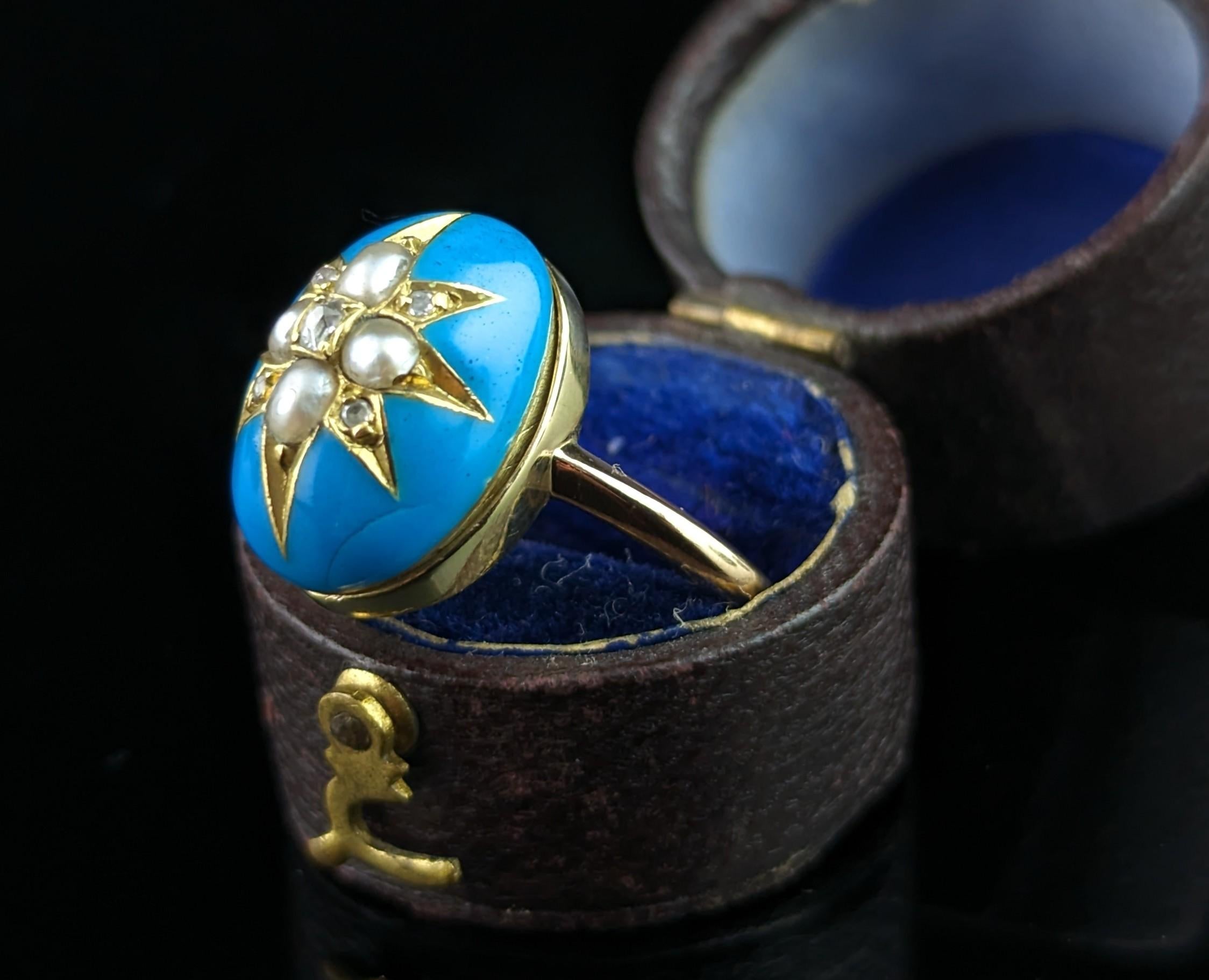 Bague étoile ancienne en émail bleu, diamant et perle, or 18 carats  Bon état - En vente à NEWARK, GB