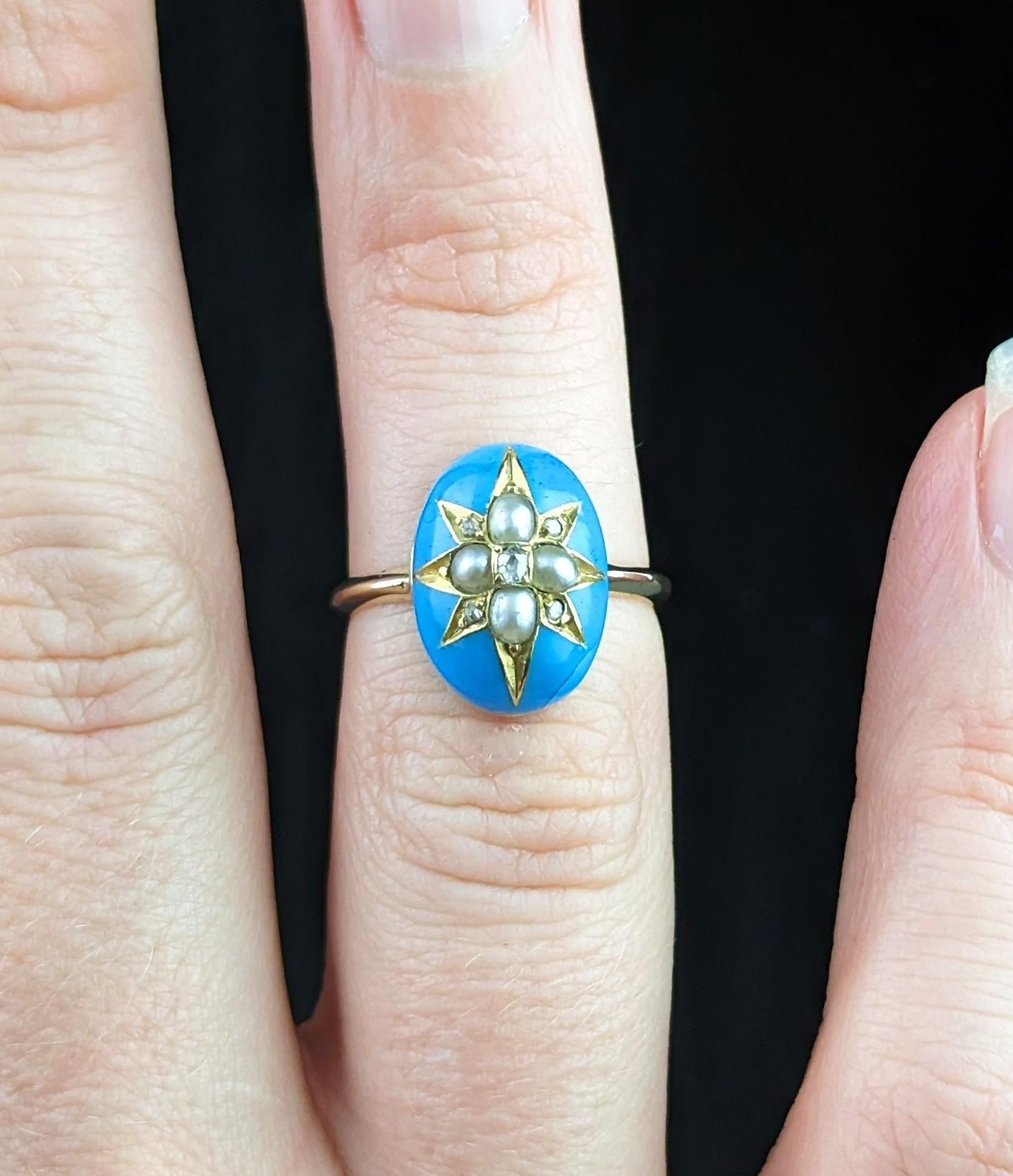 Victorian Antique blue enamel star ring, Diamond and pearl, 18k gold  For Sale