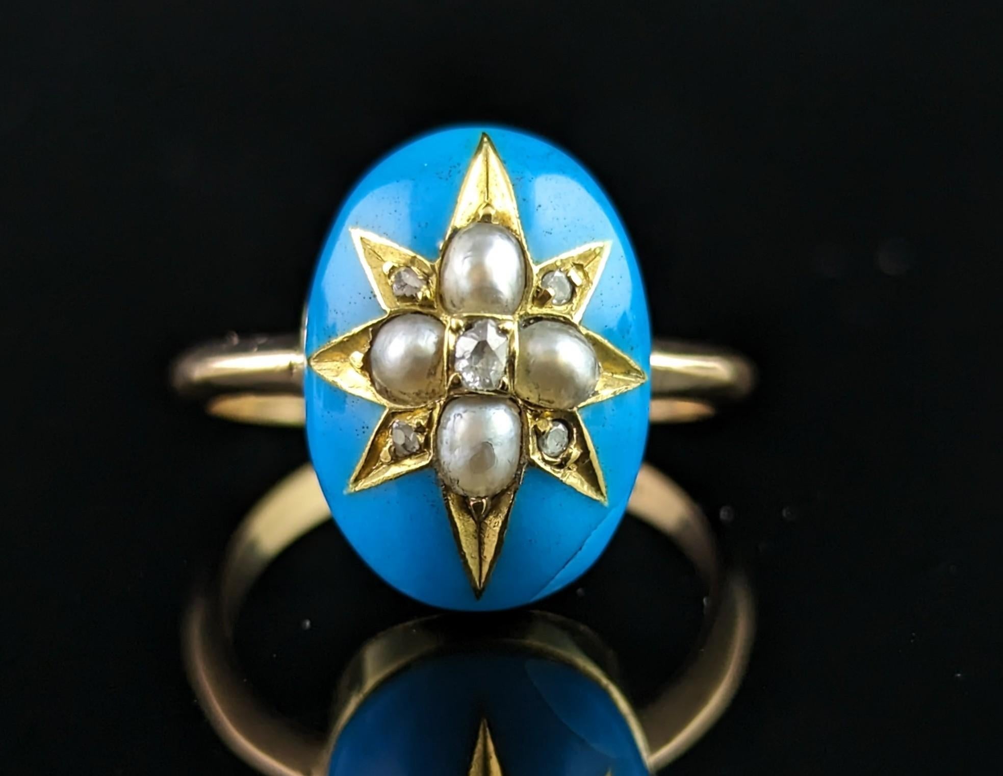 Bague étoile ancienne en émail bleu, diamant et perle, or 18 carats  en vente 1