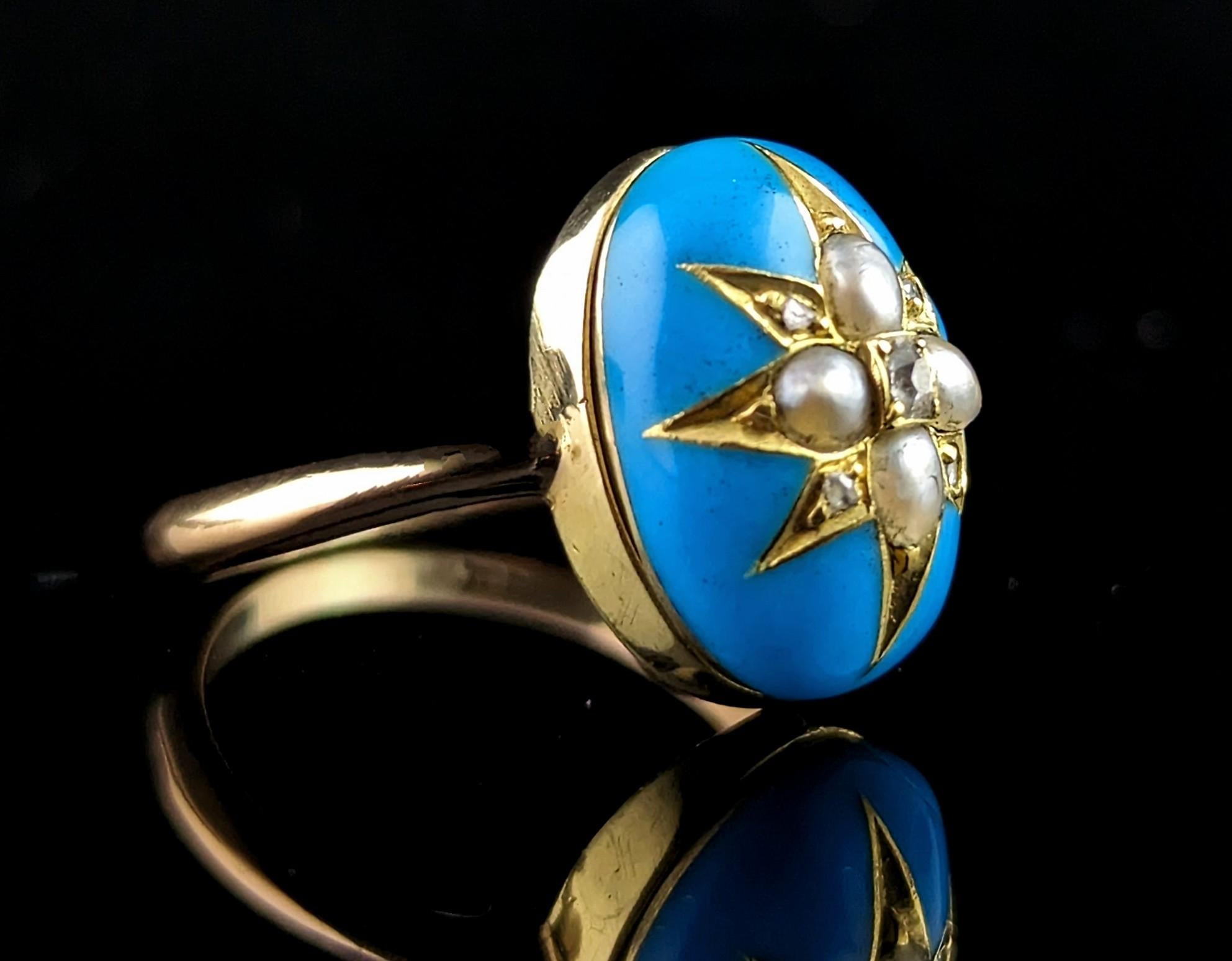 Bague étoile ancienne en émail bleu, diamant et perle, or 18 carats  en vente 3