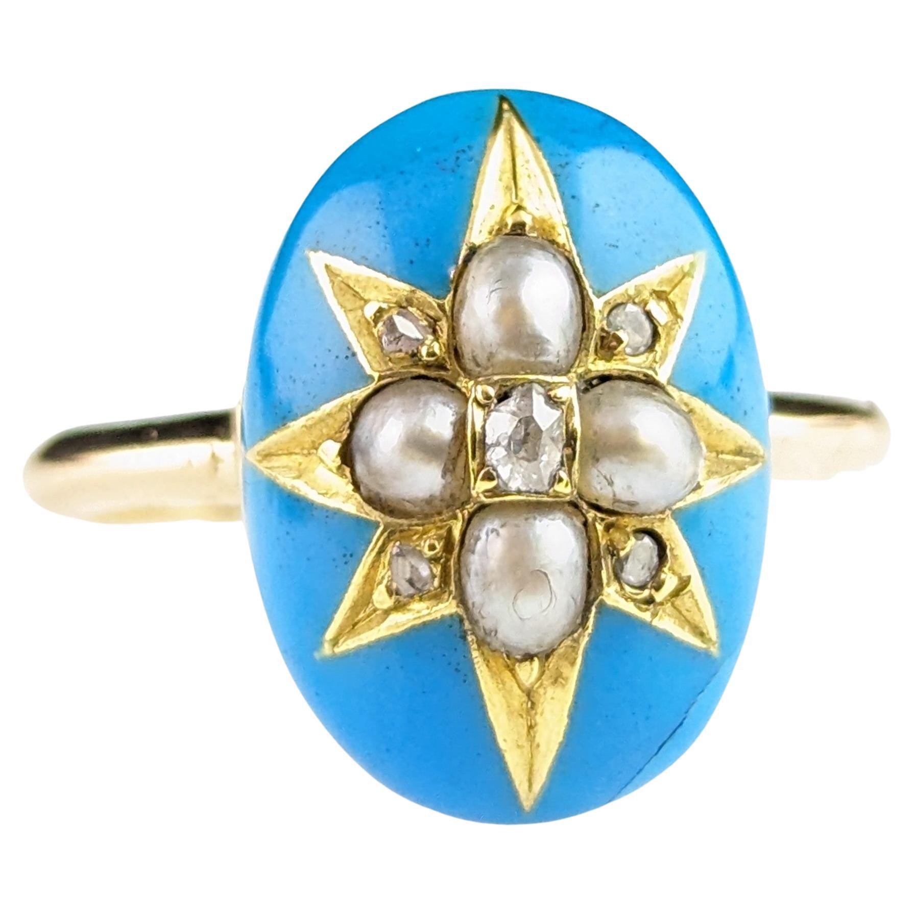 Antique blue enamel star ring, Diamond and pearl, 18k gold  For Sale