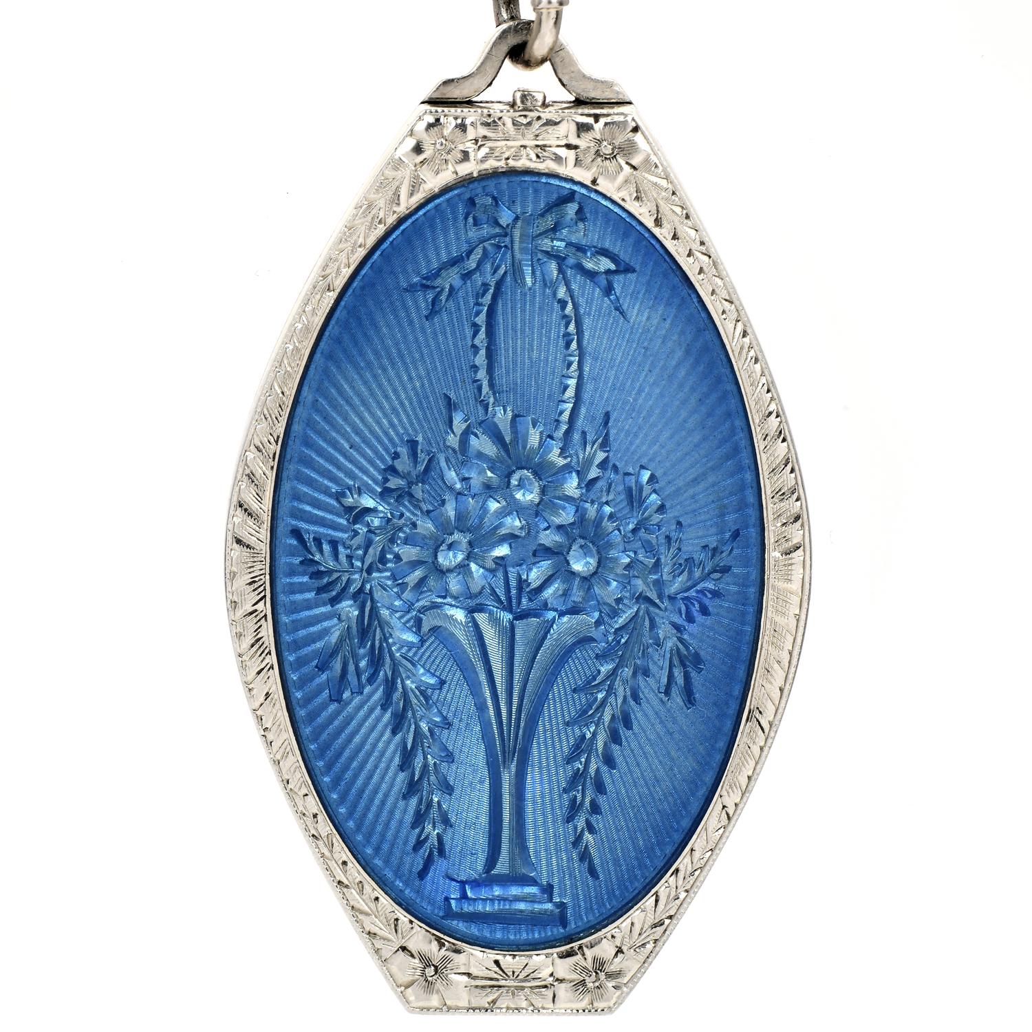 Antique Blue Enamel White Gold Locket Flower Pendant Chain Necklace In Excellent Condition For Sale In Miami, FL