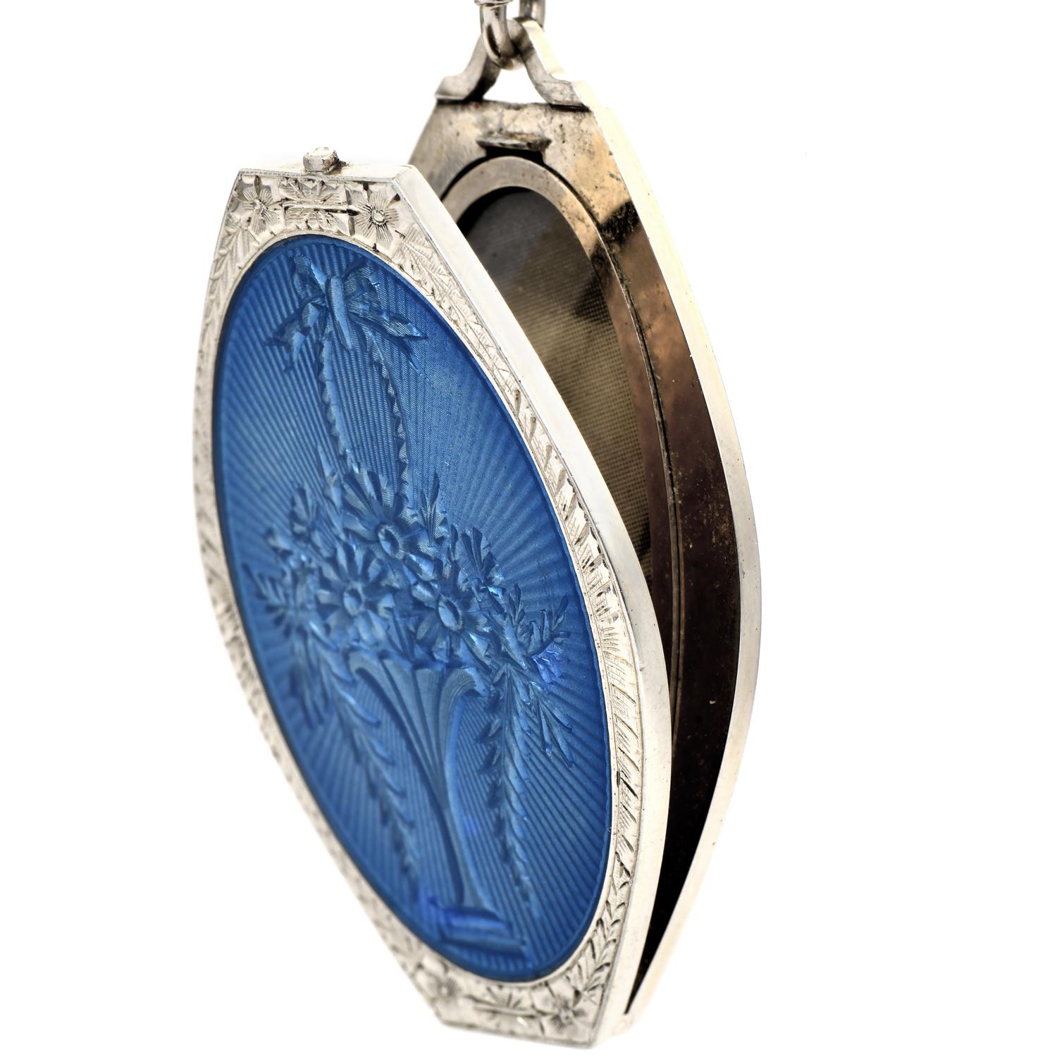 Women's Antique Blue Enamel White Gold Locket Flower Pendant Chain Necklace For Sale