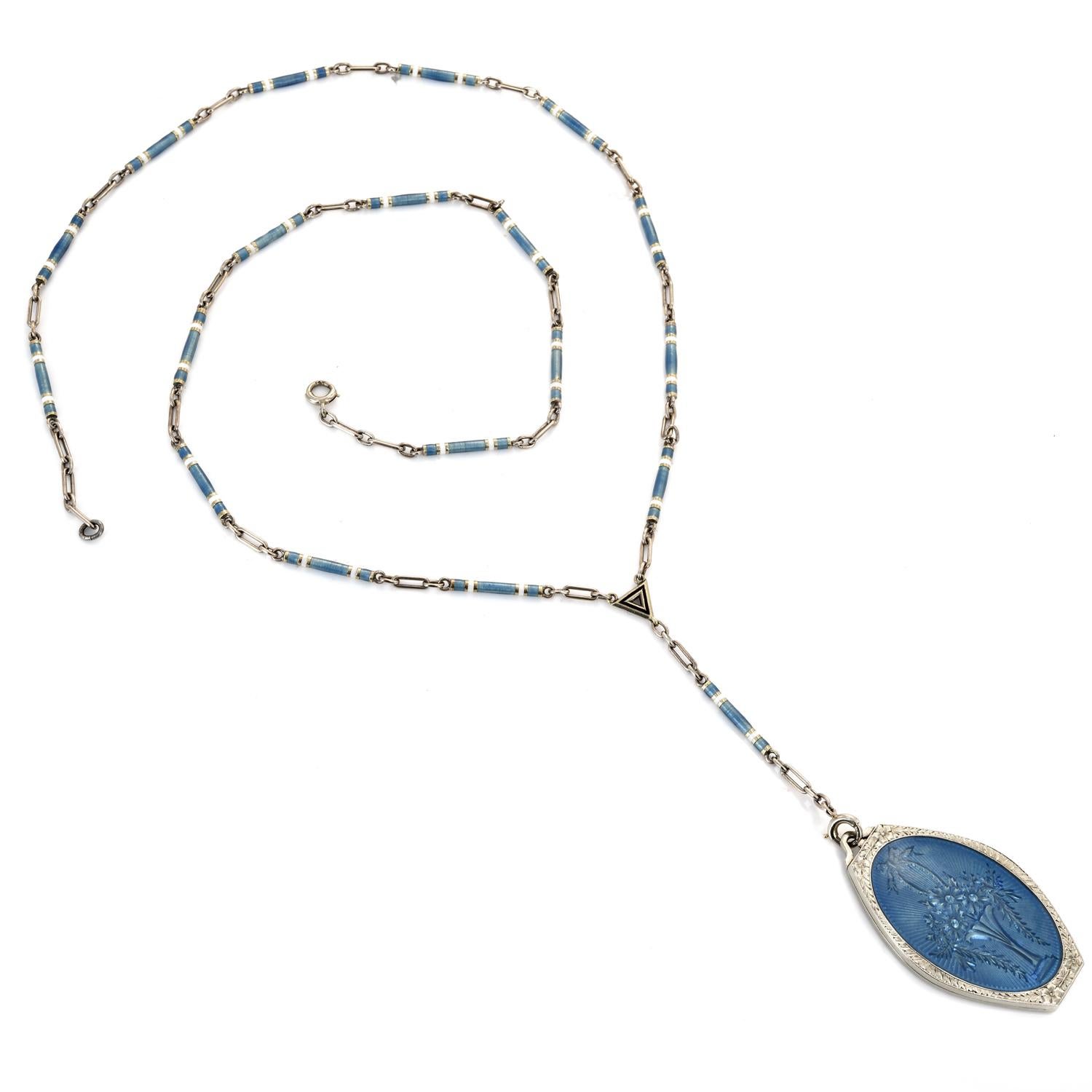 Antique Blue Enamel White Gold Locket Flower Pendant Chain Necklace For Sale 1