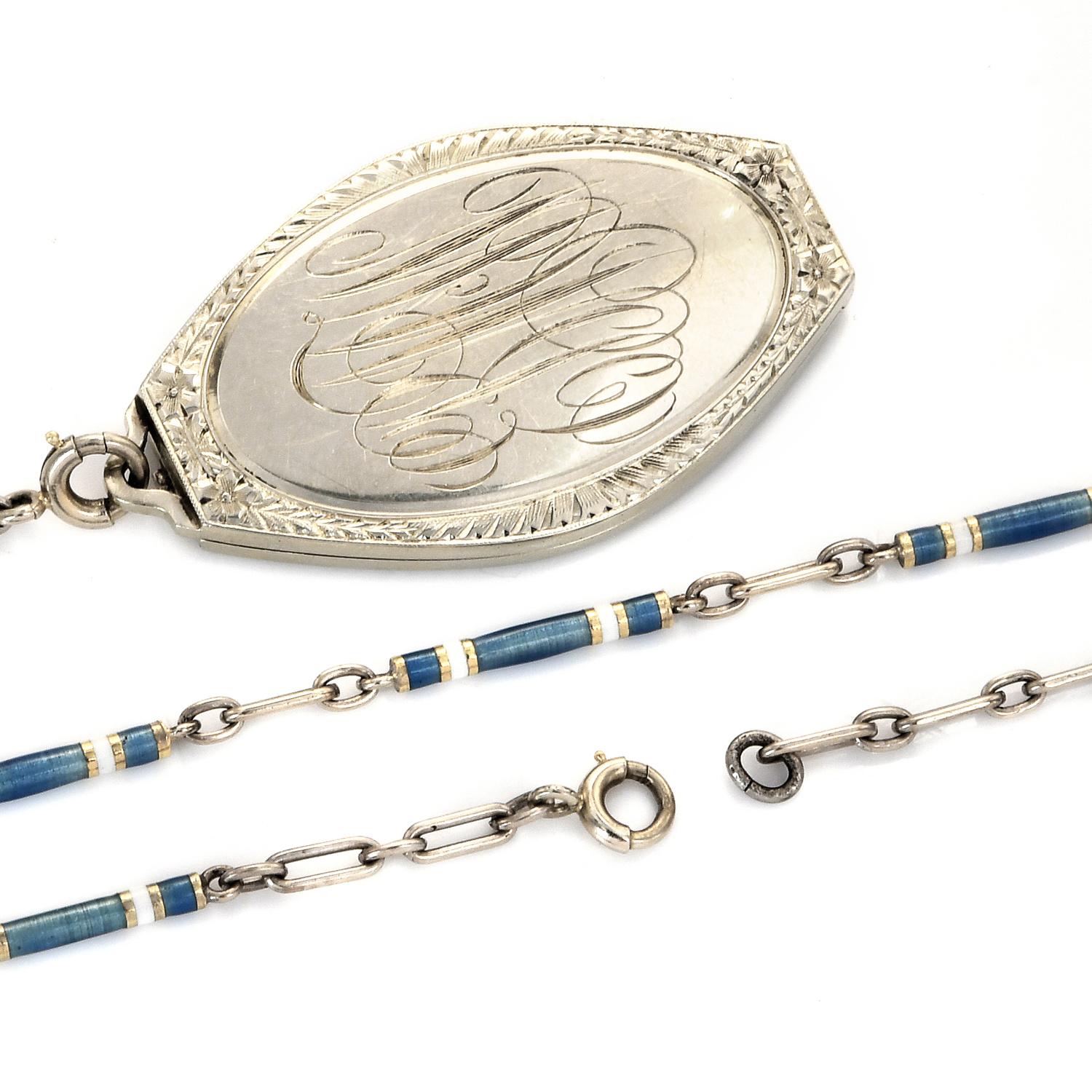 Antique Blue Enamel White Gold Locket Flower Pendant Chain Necklace For Sale 2