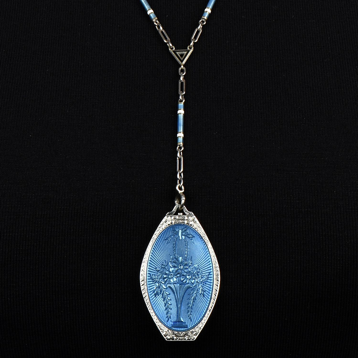 Antique Blue Enamel White Gold Locket Flower Pendant Chain Necklace For Sale 3