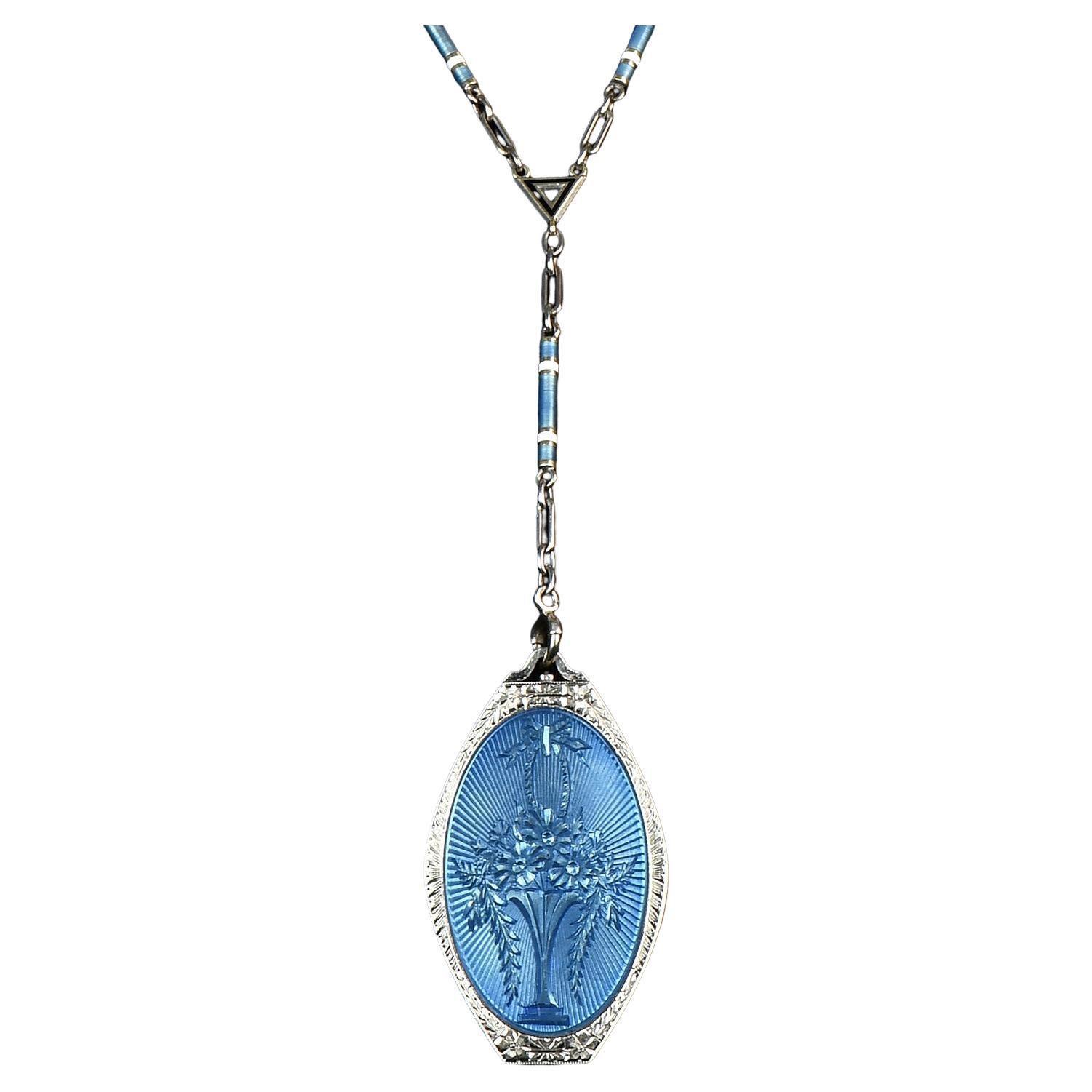 Antique Blue Enamel White Gold Locket Flower Pendant Chain Necklace For Sale