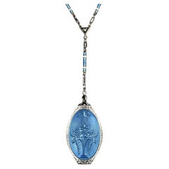 Antique Blue Enamel White Gold Locket Flower Pendant Chain Necklace