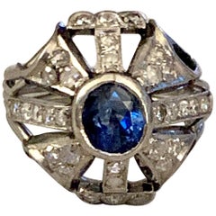 Antique Blue Faceted Sapphire and Diamond Platinum Ring