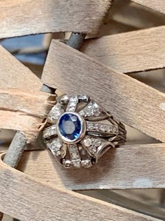 Antique Blue Faceted Sapphire and Diamond Platinum Ring