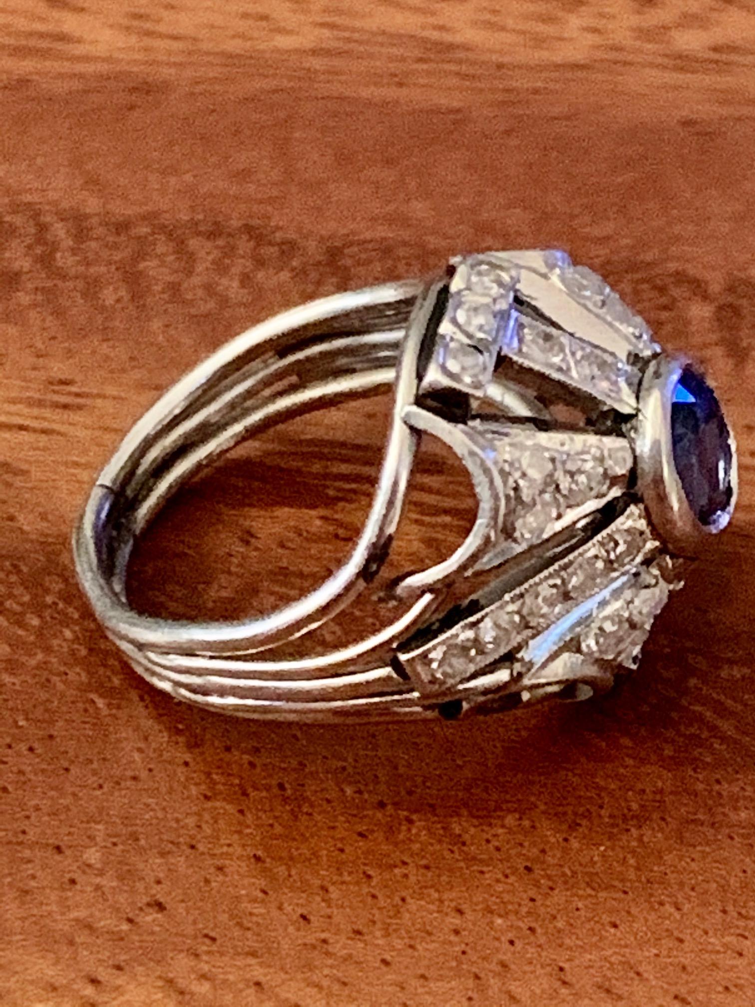 Women's Antique Blue Faceted Sapphire and Diamond Platinum Ring For Sale