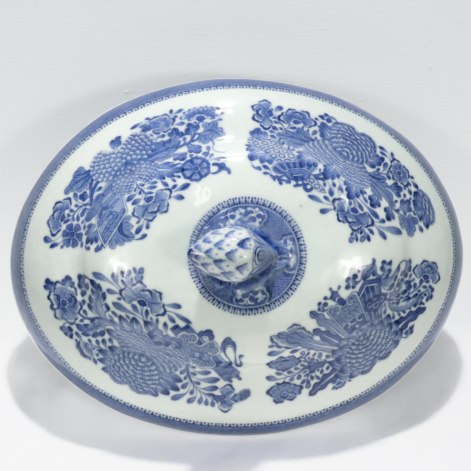 Antique Blue Fitzhugh Pattern Chinese Export Porcelain Tray Warmer & Cover For Sale 5