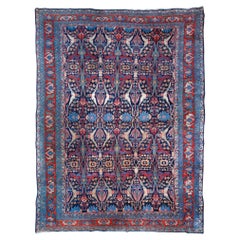 Antique Blue Floral Design Wool Carpet - Late 19th Century