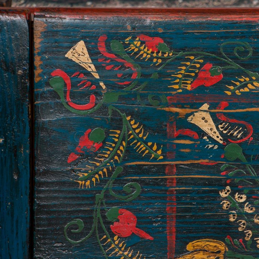 Antique Blue Folk Art Painted Storage Bench from Hungary 4