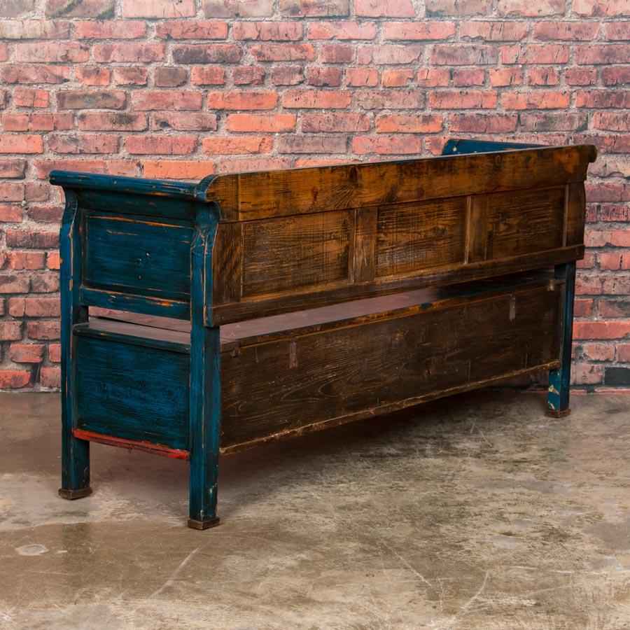 Antique Blue Folk Art Painted Storage Bench from Hungary In Good Condition In Round Top, TX