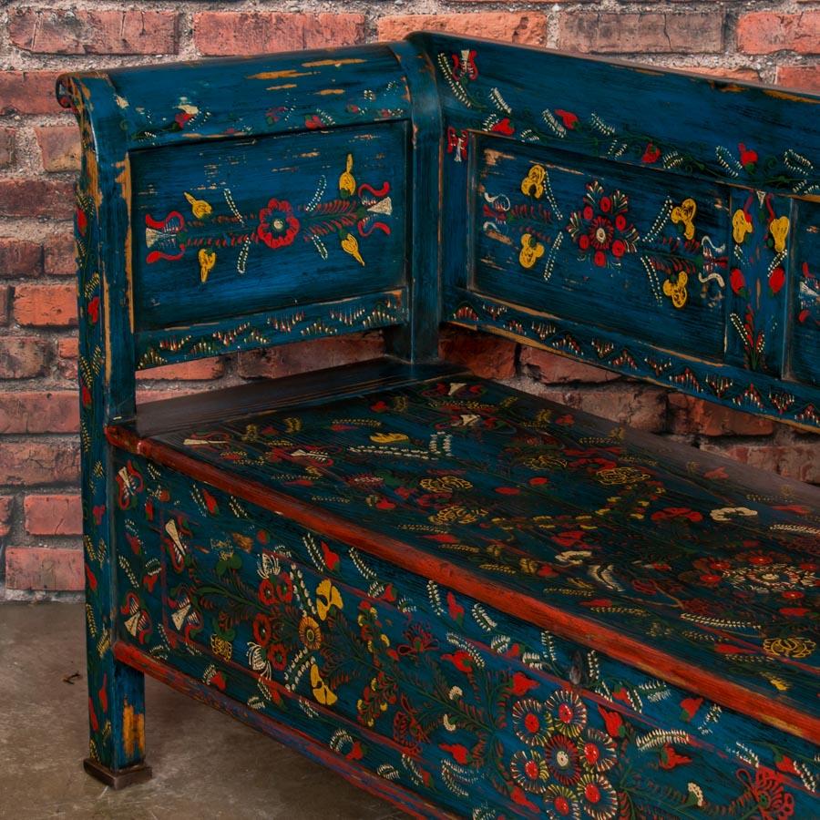 19th Century Antique Blue Folk Art Painted Storage Bench from Hungary