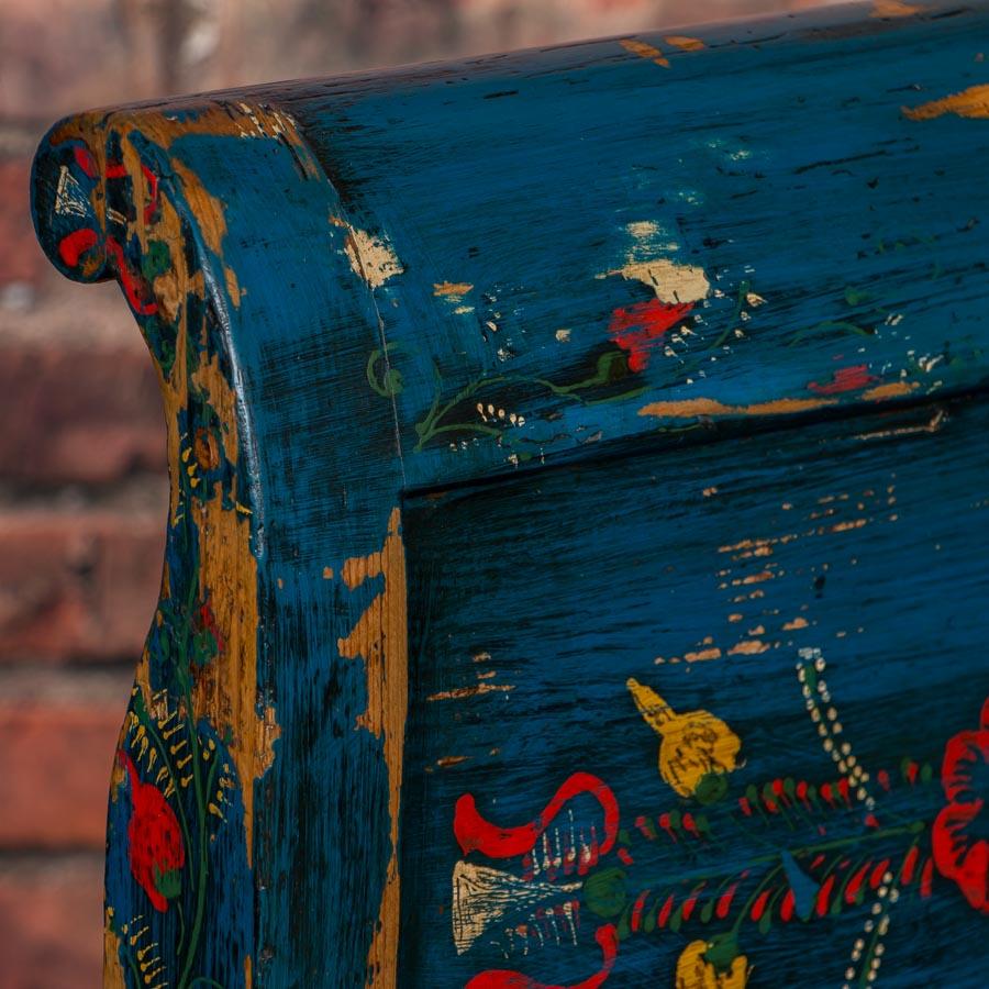 Antique Blue Folk Art Painted Storage Bench from Hungary 1