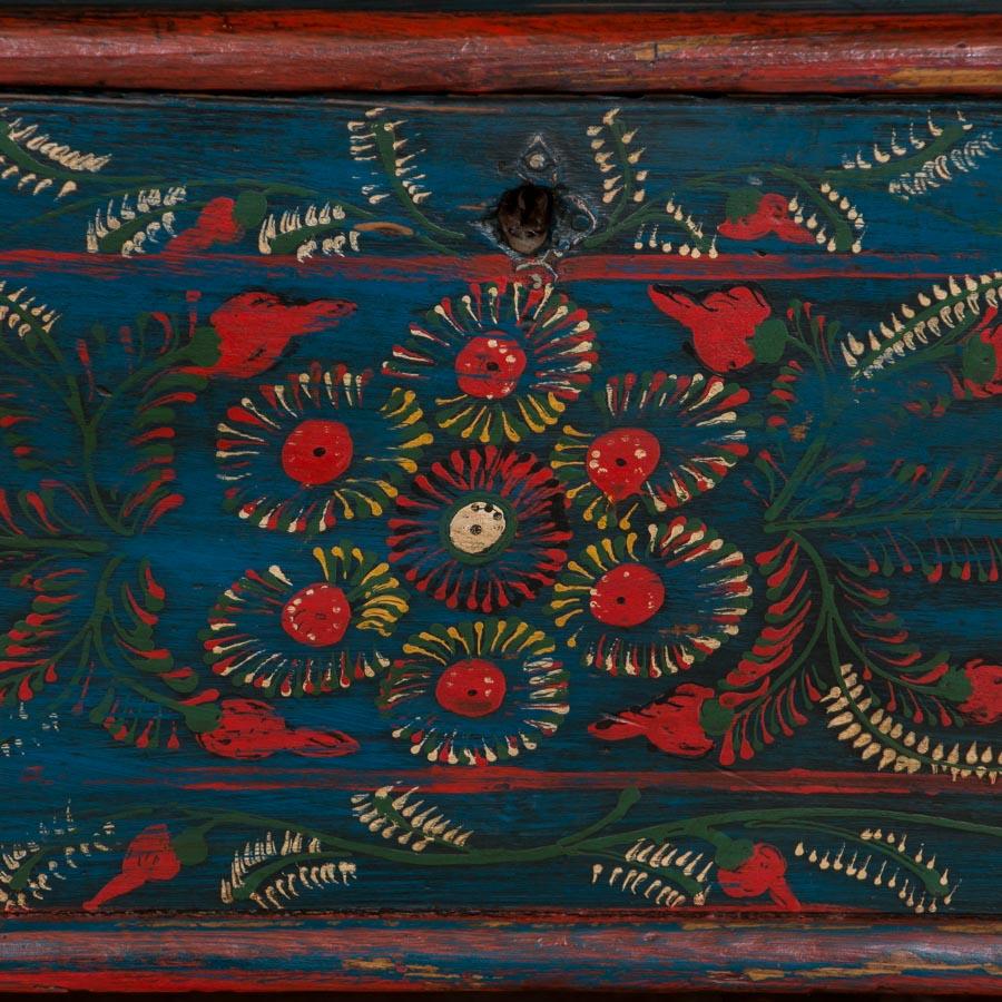 Antique Blue Folk Art Painted Storage Bench from Hungary 2