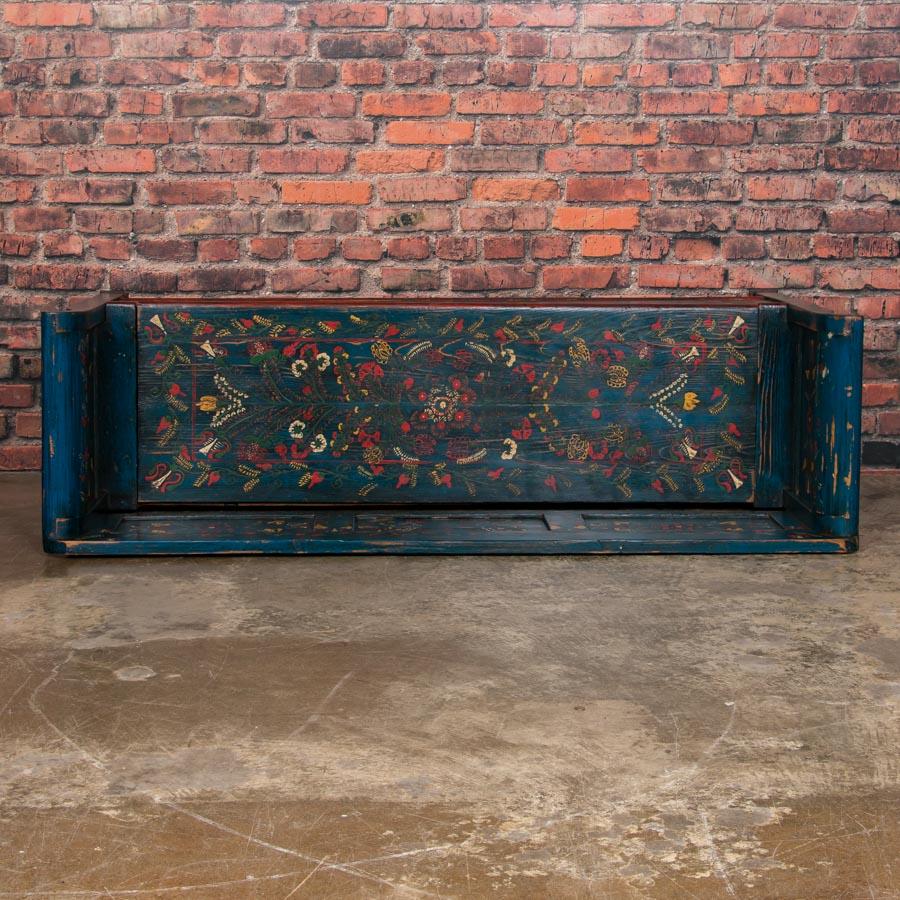 Antique Blue Folk Art Painted Storage Bench from Hungary 3