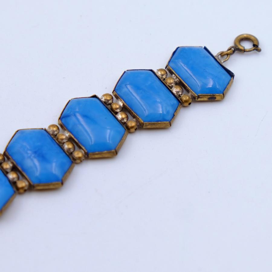 Antique Blue Glass Czech Bracelet 1930s In Good Condition For Sale In Austin, TX