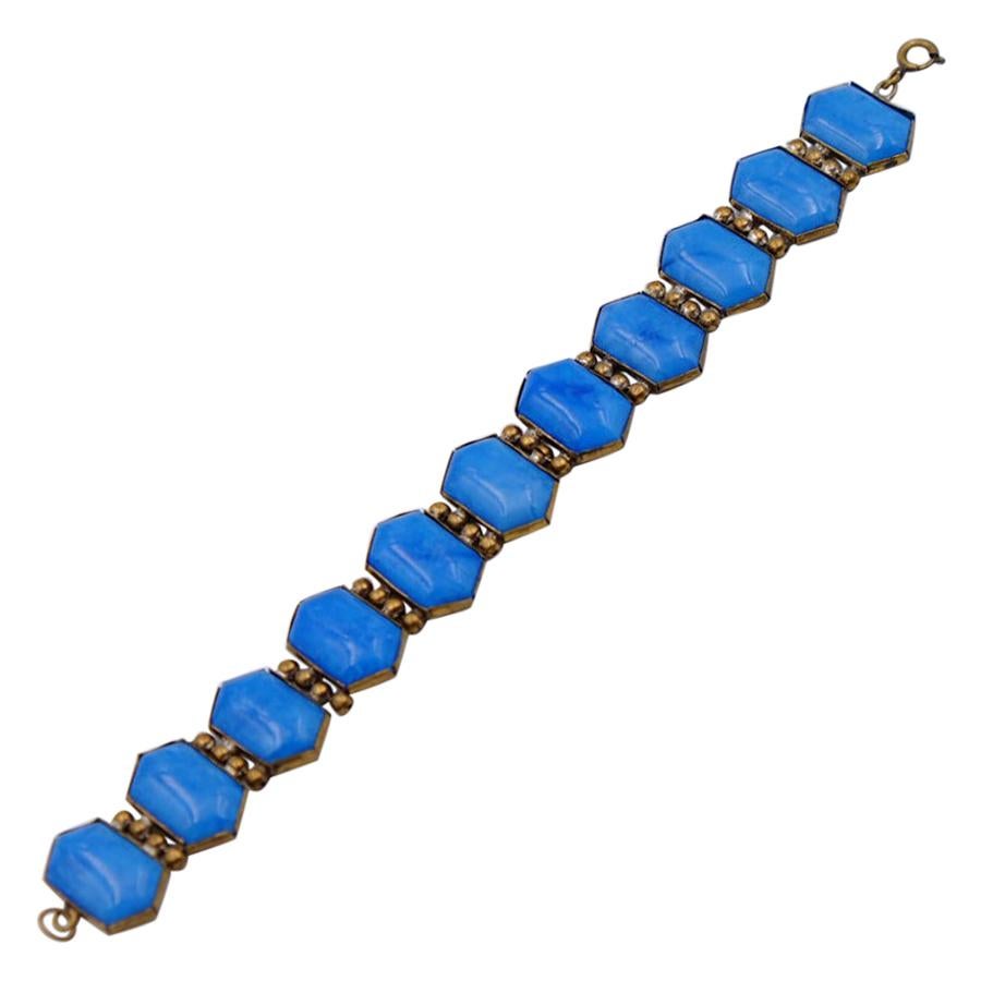Antique Blue Glass Czech Bracelet 1930s For Sale