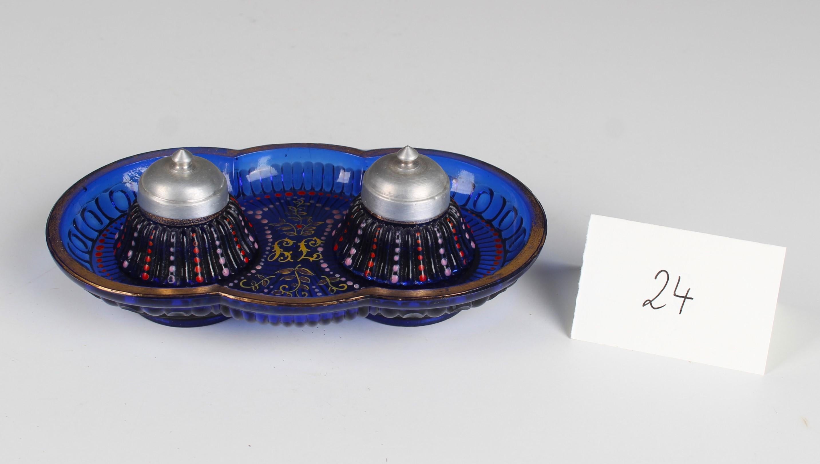 Antique Blue Glass Inkwell, Hand-Painted, France, 1930s For Sale 6