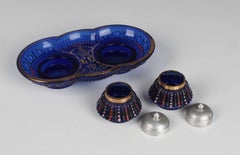 Antique Blue Glass Inkwell, Hand-Painted, France, 1930s