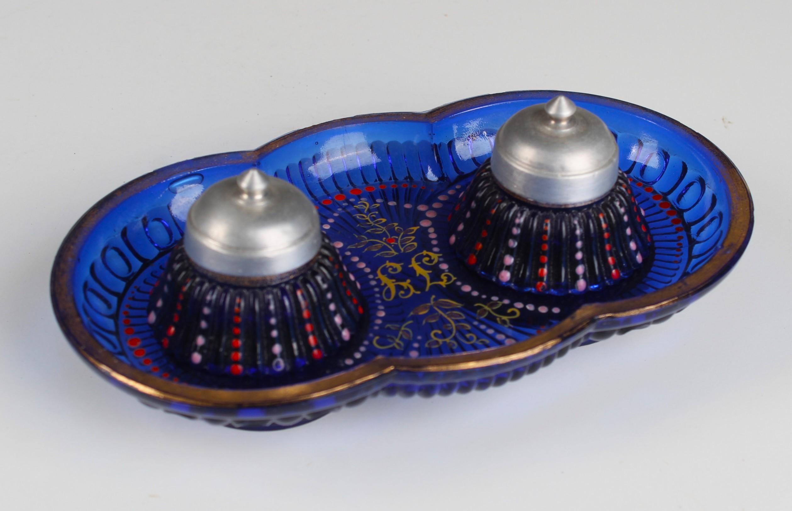 French Antique Blue Glass Inkwell, Hand-Painted, France, 1930s For Sale