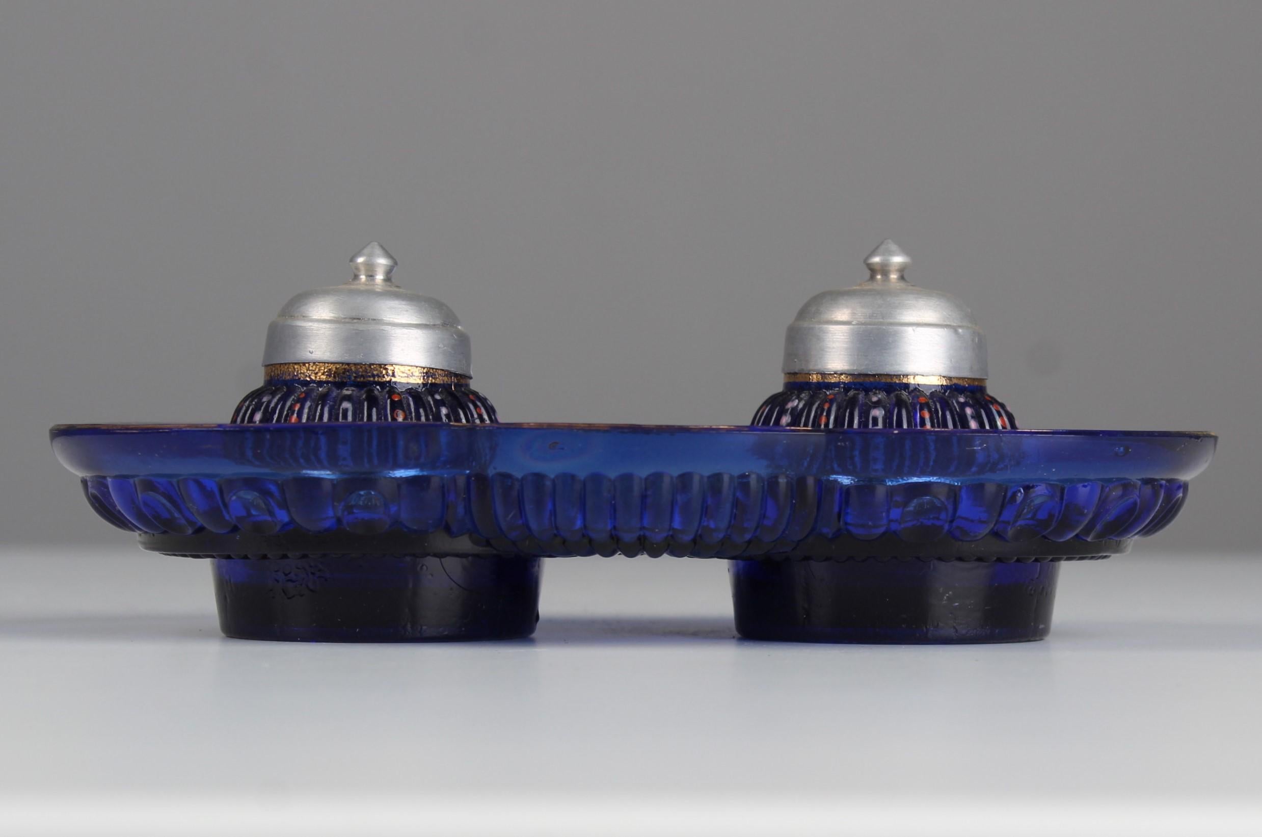 Antique Blue Glass Inkwell, Hand-Painted, France, 1930s In Good Condition For Sale In Greven, DE