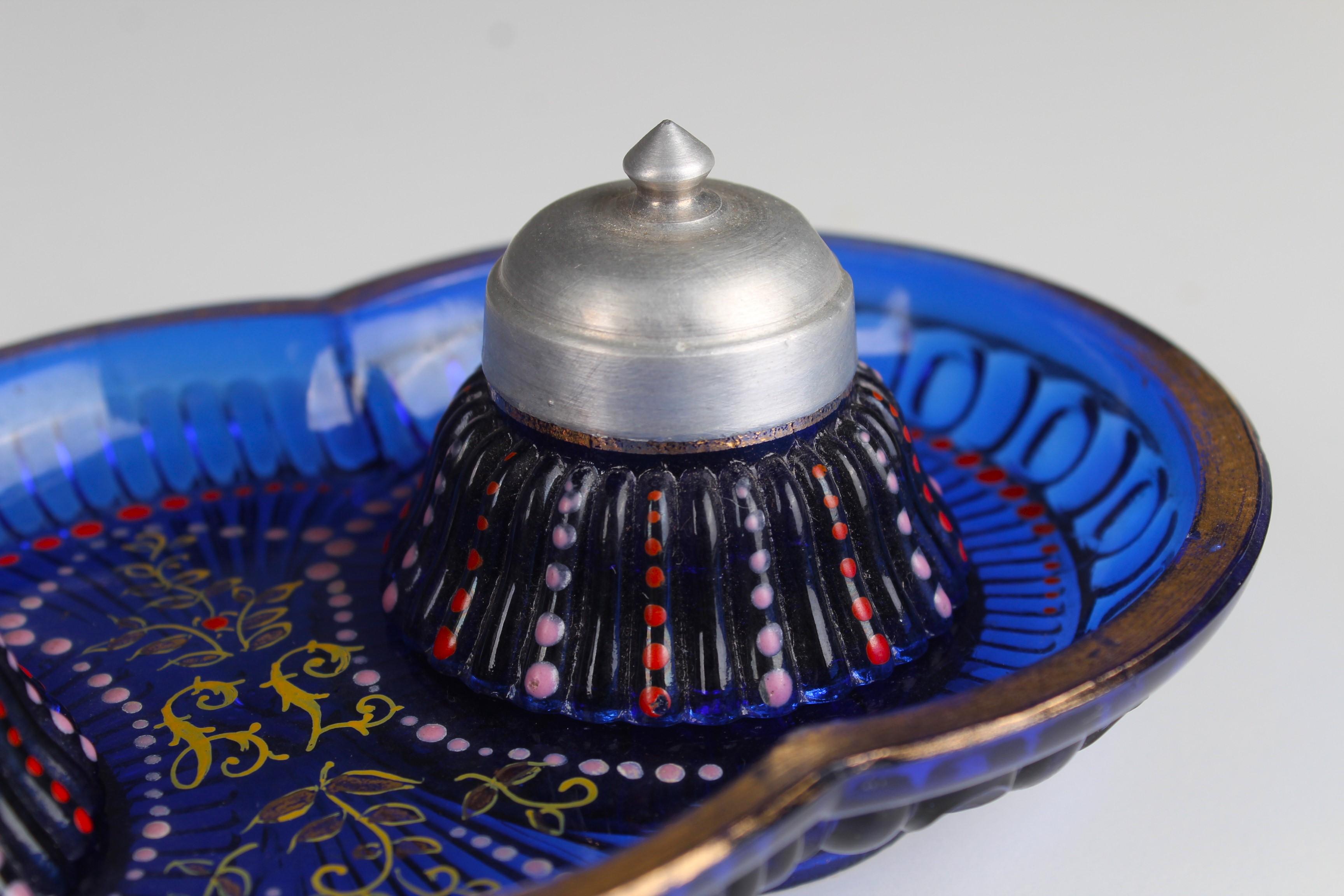 20th Century Antique Blue Glass Inkwell, Hand-Painted, France, 1930s For Sale